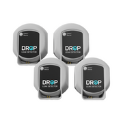 Four gray and black DROP leak detectors with cable connectors arranged in a square formation.