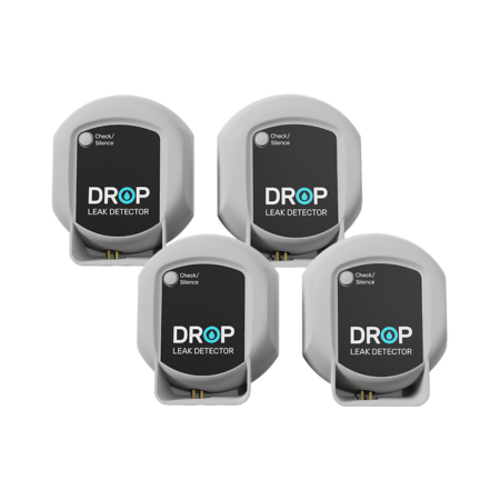 Four gray and black DROP leak detectors with cable connectors arranged in a square formation.