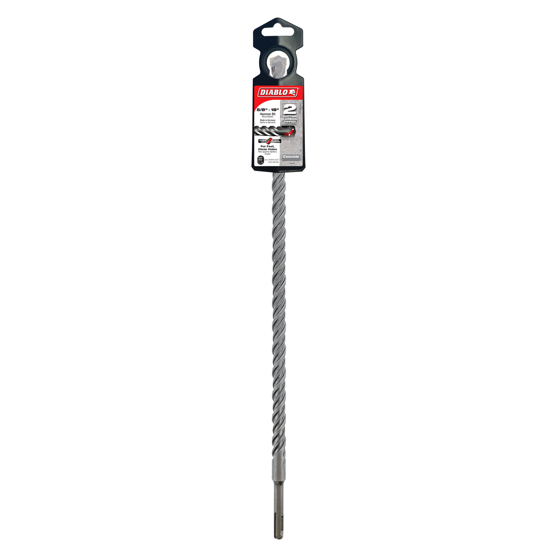 Diablo SDS-Plus hammer drill bit with two cutting edges and black packaging header on white background.