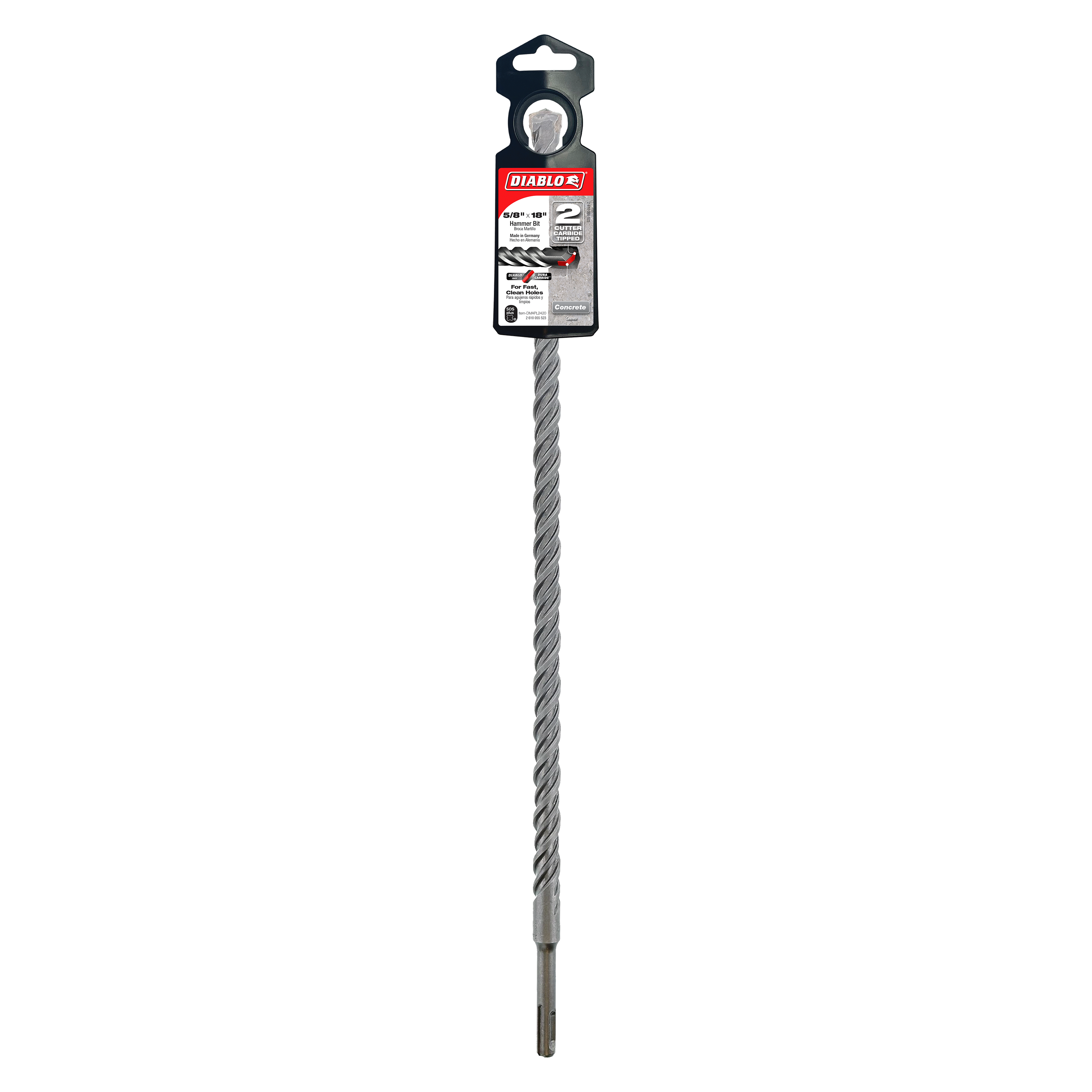 Diablo SDS-Plus hammer drill bit with two cutting edges and black packaging header on white background.