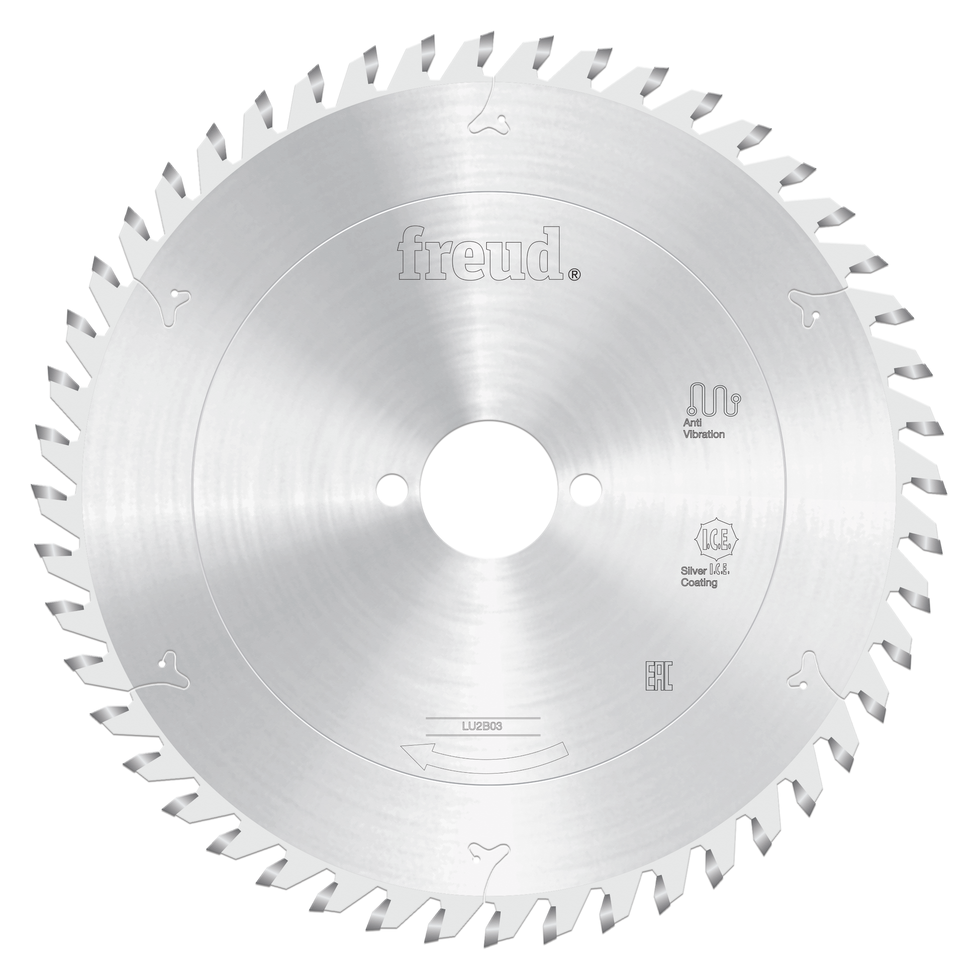 Freud 200mm circular saw blade with carbide-tipped teeth and center arbor hole, marked with anti-vibration and silver coating