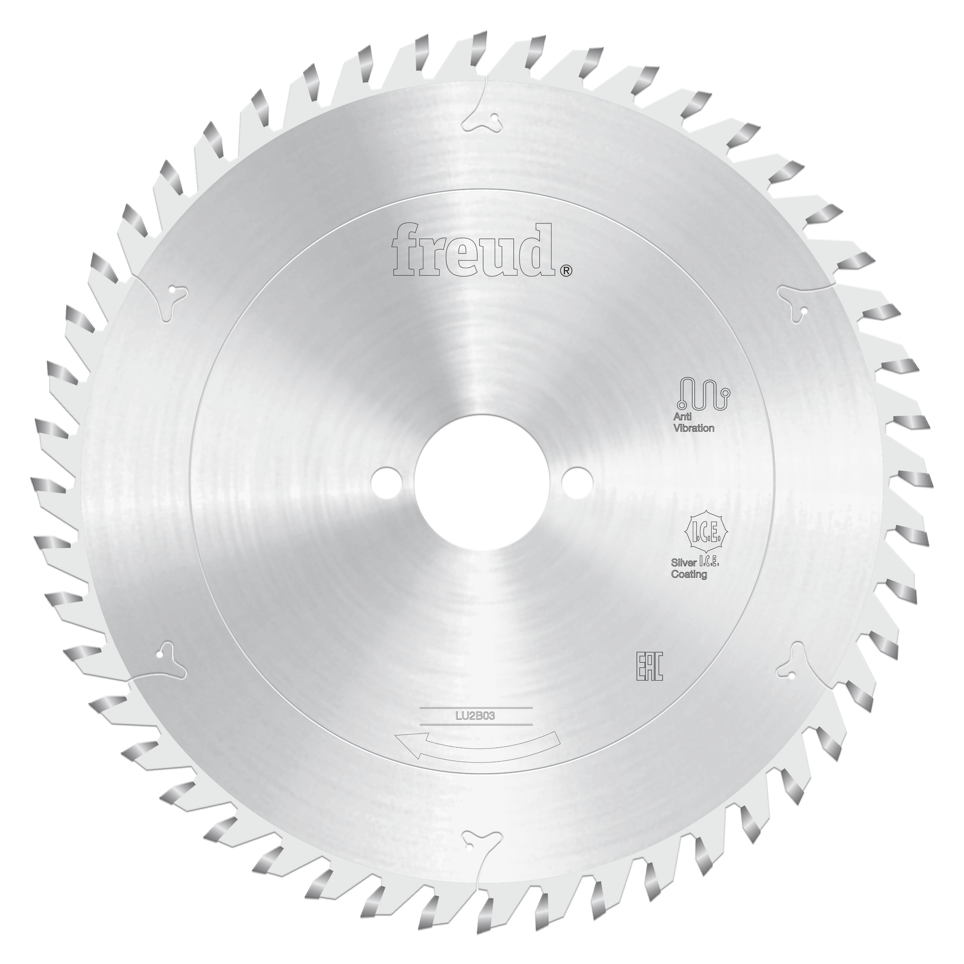 Freud 200mm circular saw blade with carbide-tipped teeth and center arbor hole, marked with anti-vibration and silver coating