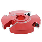 Red router bit with four cutting edges and centered arbor hole for woodworking applications.
