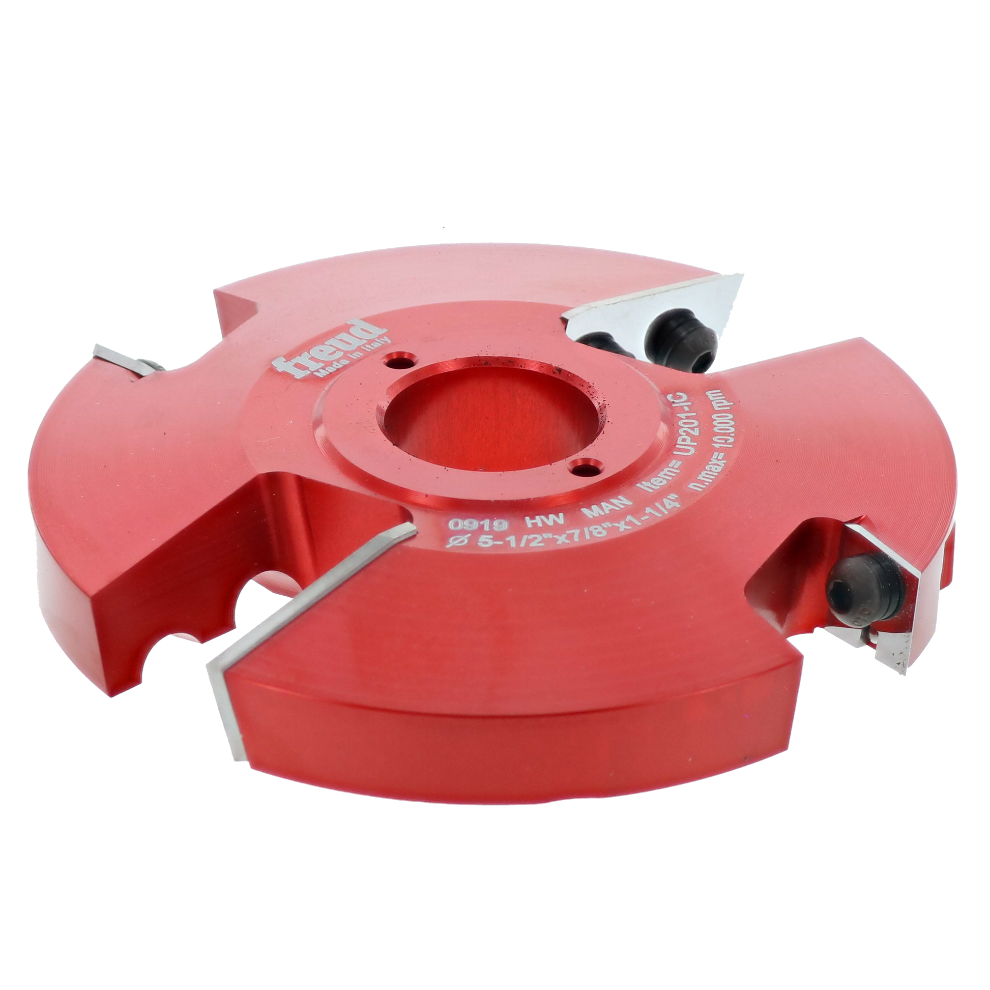 Red router bit with four cutting edges and centered arbor hole for woodworking applications.