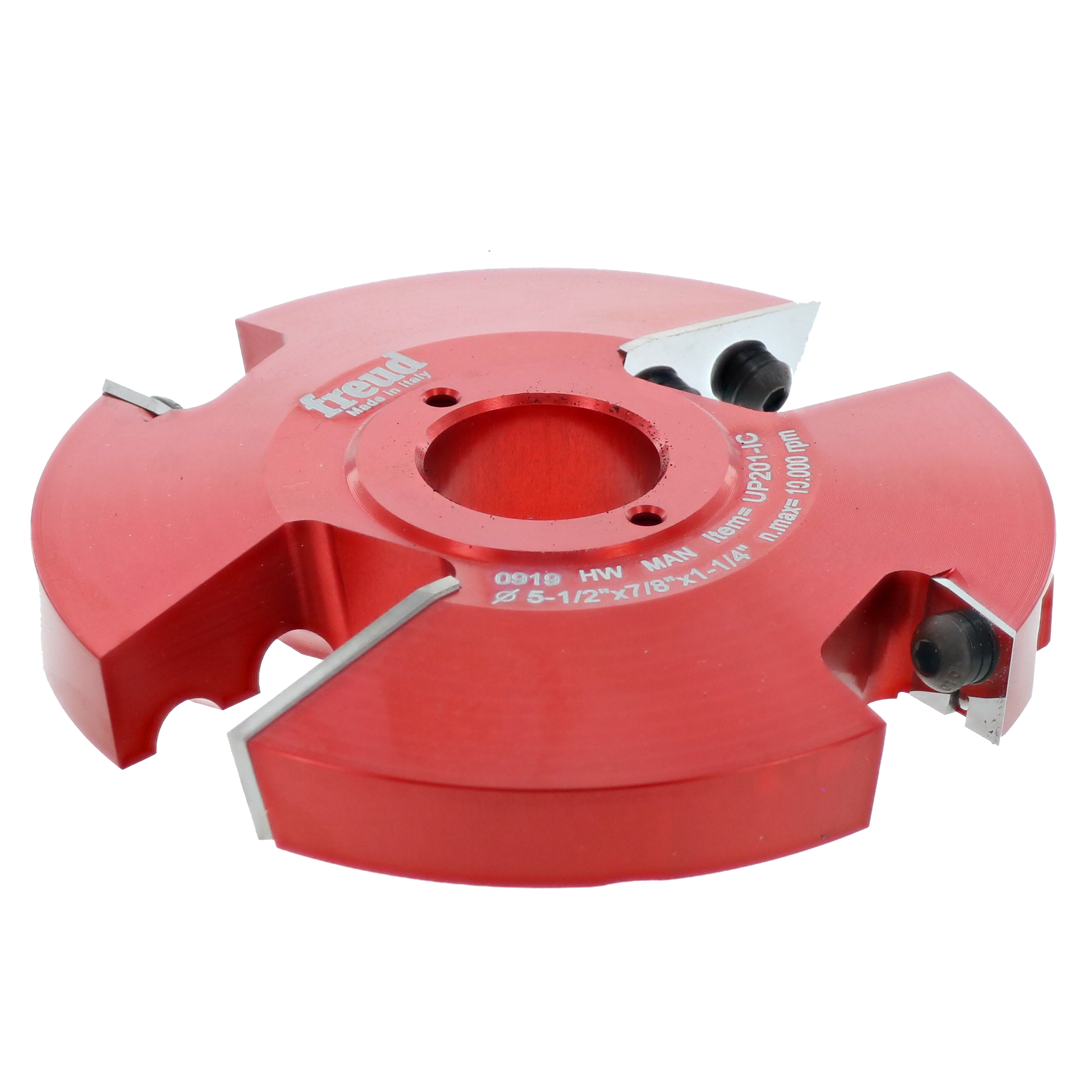 Red router bit with four cutting edges and centered arbor hole for woodworking applications.