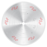 Circular saw blade with carbide-tipped teeth around perimeter, Freud branding and red markings visible on silver metallic sur