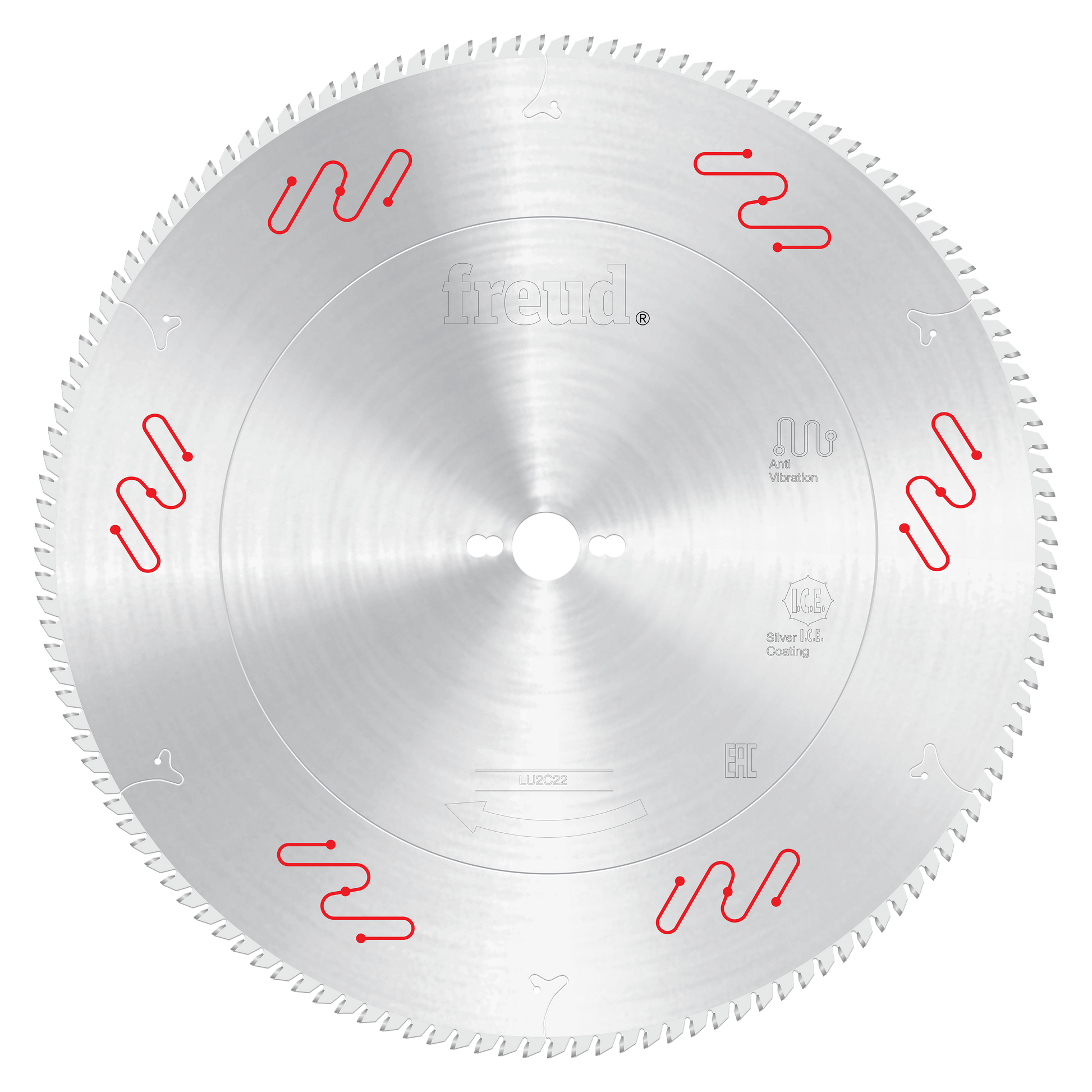 Circular saw blade with carbide-tipped teeth around perimeter, Freud branding and red markings visible on silver metallic sur