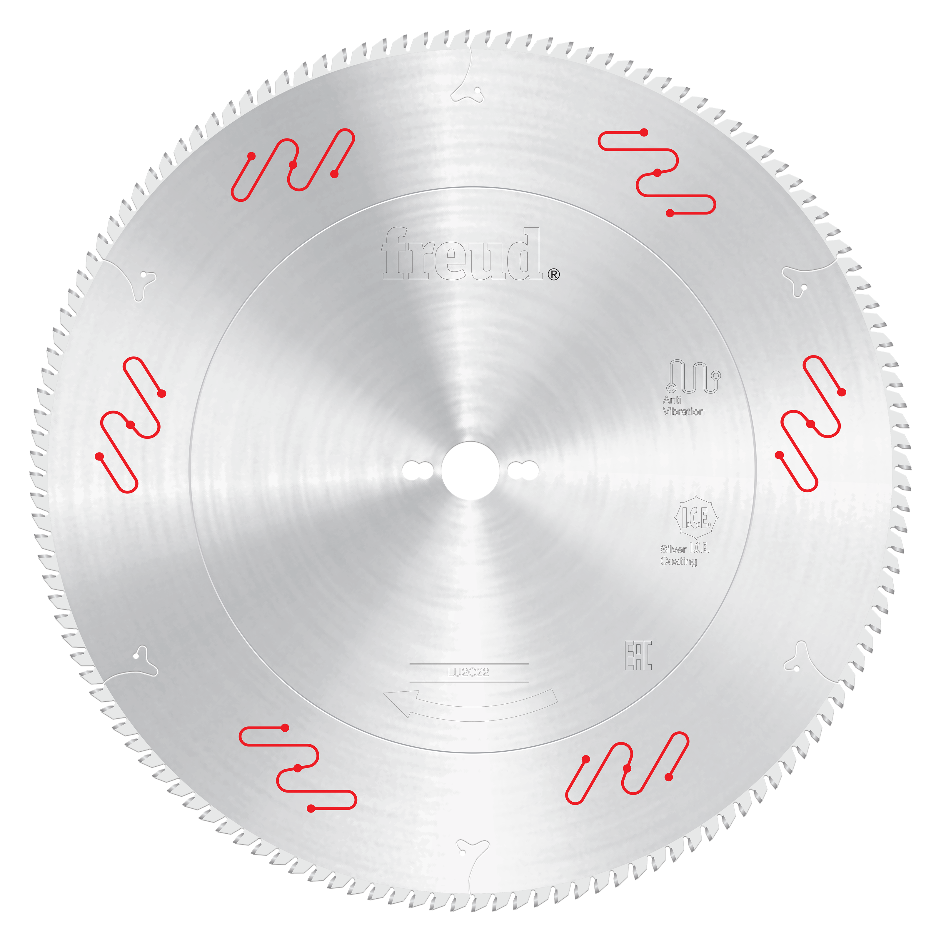 Circular saw blade with carbide-tipped teeth around perimeter, Freud branding and red markings visible on silver metallic sur
