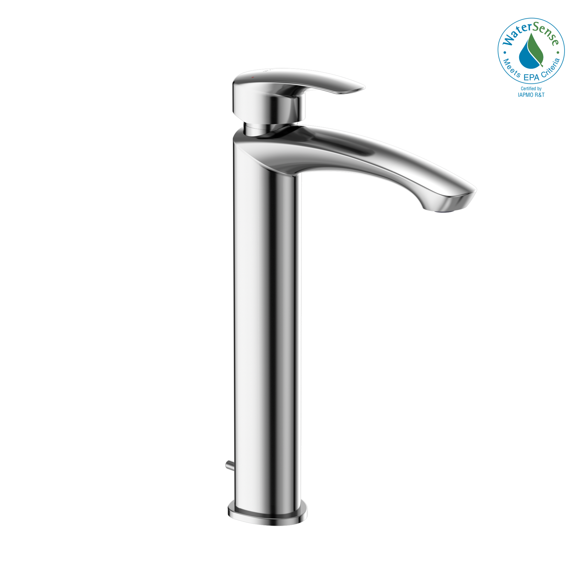 Polished chrome single handle vessel faucet with curved spout and tall cylindrical body.
