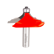 Red and gray router bit with curved cutting edges and metal shank for table edge profiling.