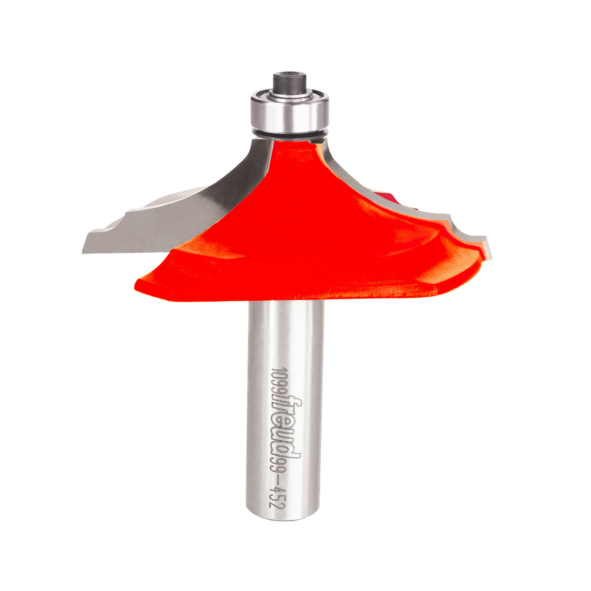 Red and gray router bit with curved cutting edges and metal shank for table edge profiling.
