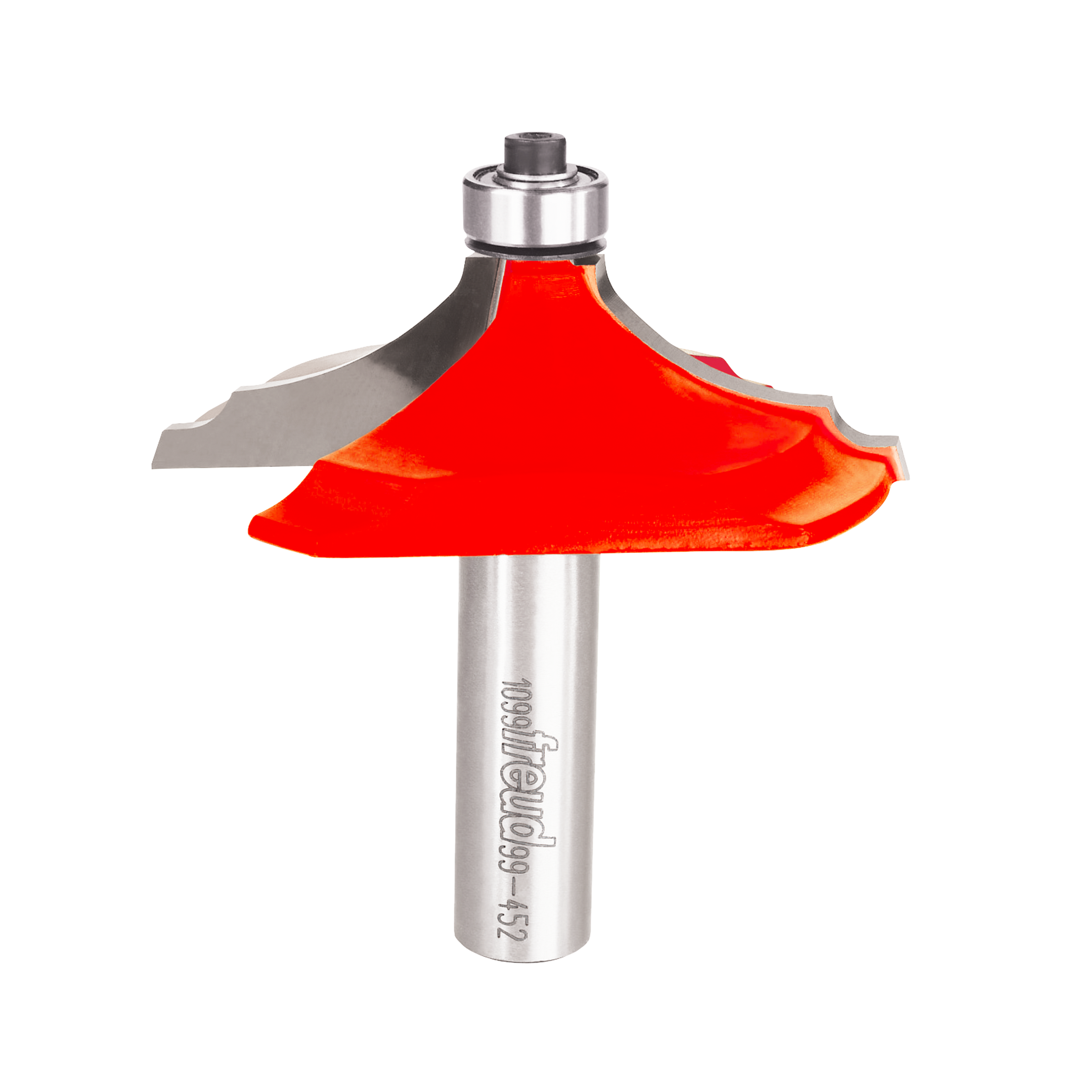Red and gray router bit with curved cutting edges and metal shank for table edge profiling.