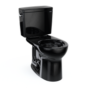 Black two-piece toilet with round bowl, tank with lid open, and lever handle on side.