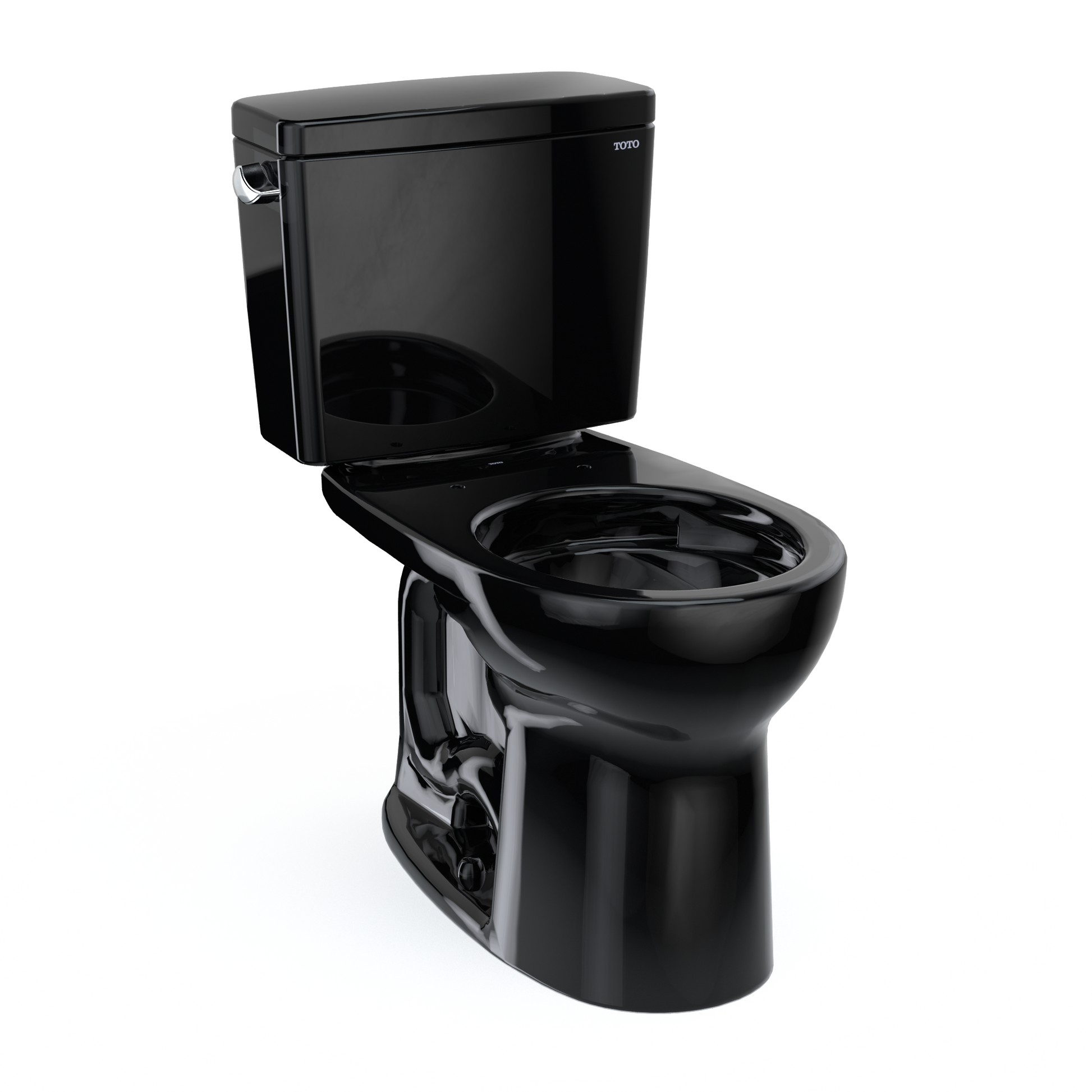 Black two-piece toilet with round bowl, tank with lid open, and lever handle on side.