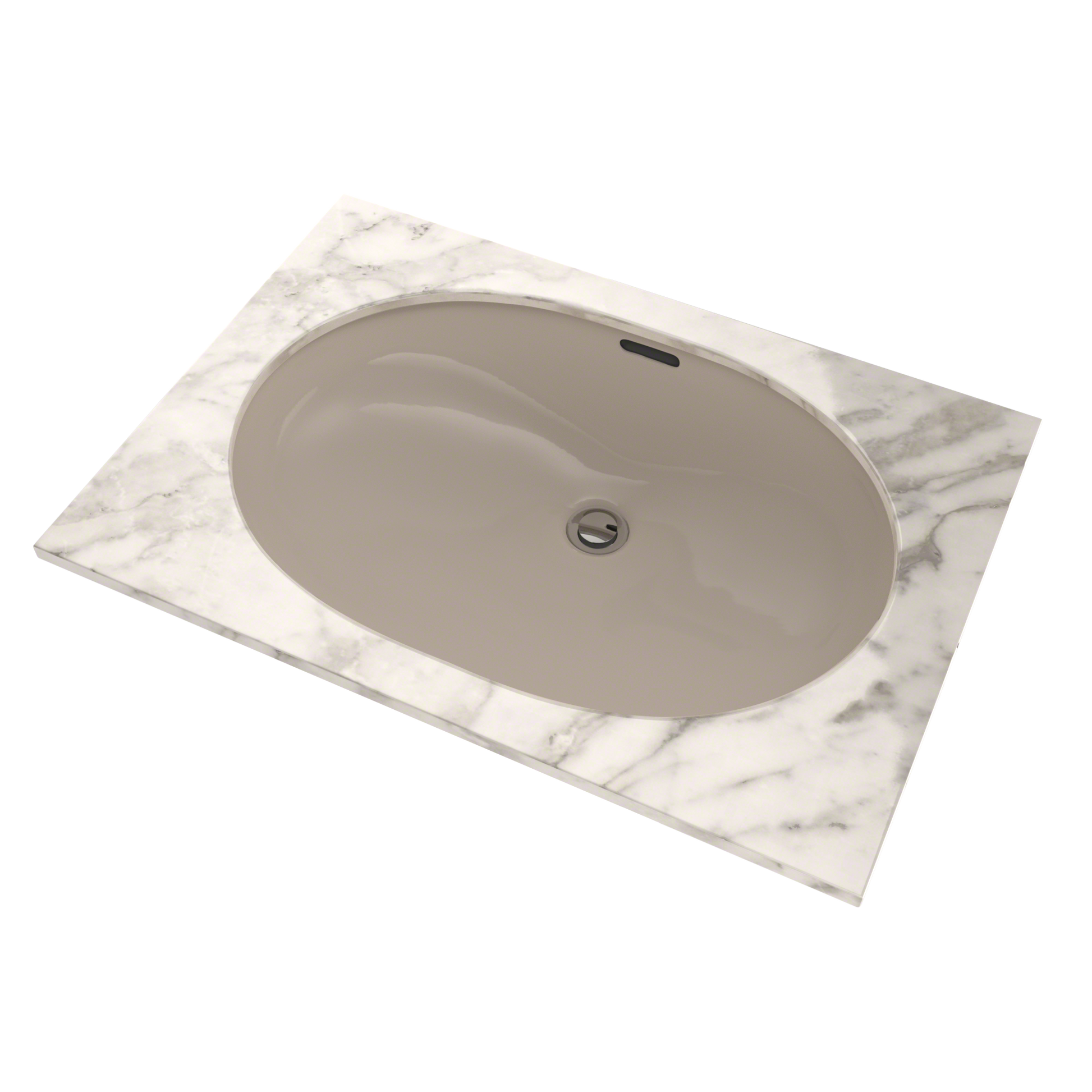Bone-colored oval undermount bathroom sink with centered drain hole shown from above angle.