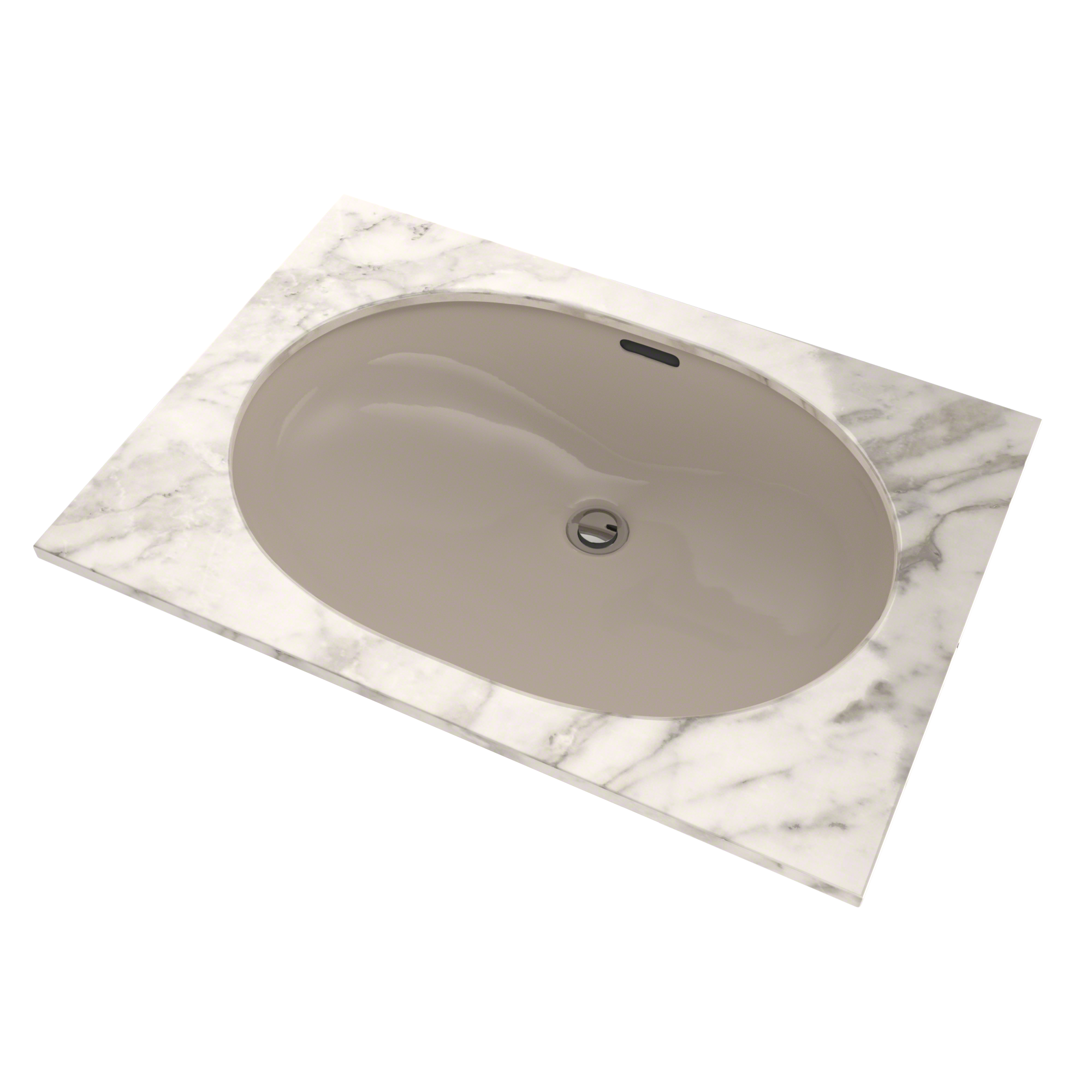 Bone-colored oval undermount bathroom sink with centered drain hole shown from above angle.