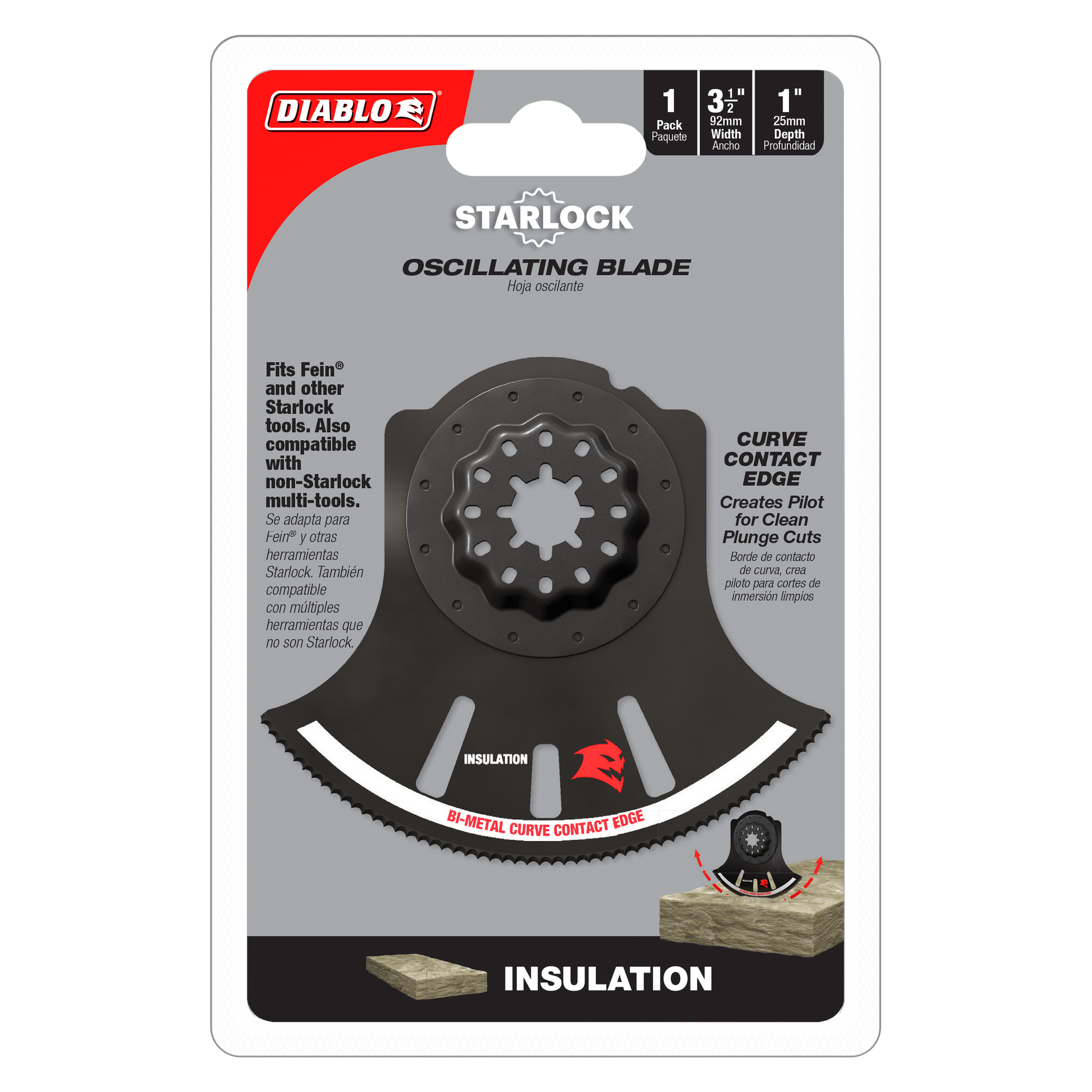Diablo Starlock bi-metal oscillating blade with curved contact edge and attachment holes for multi-tool use.
