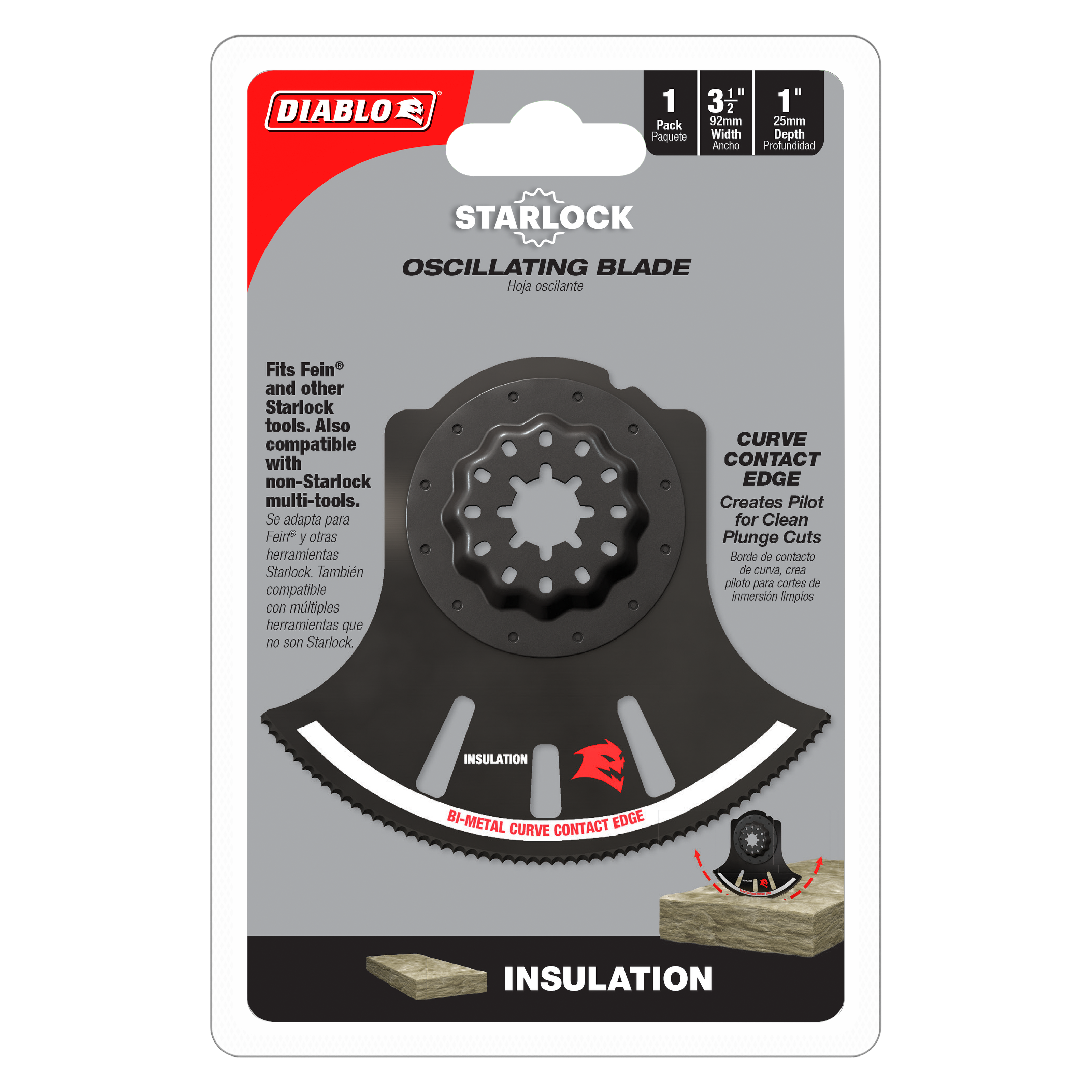 Diablo Starlock bi-metal oscillating blade with curved contact edge and attachment holes for multi-tool use.