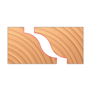 Pair of matched reverse detail router cutters with curved cutting edges shown in cross-section on wood grain background.