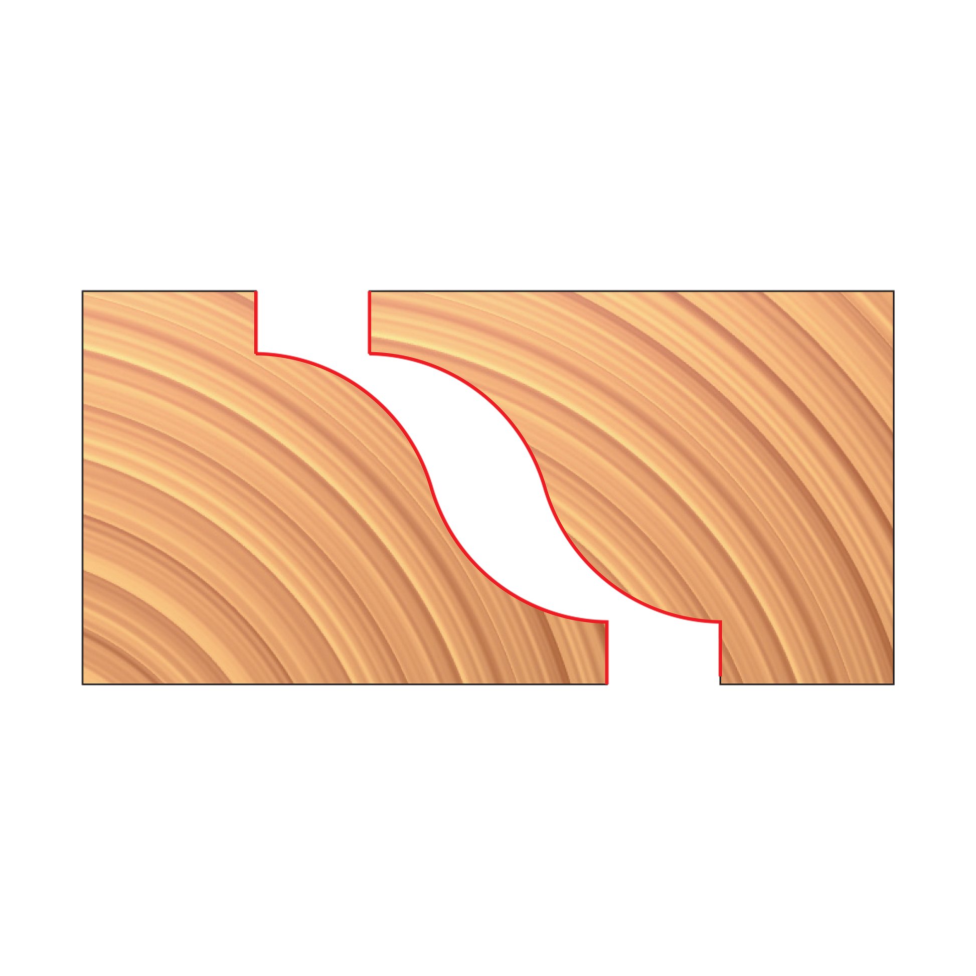 Pair of matched reverse detail router cutters with curved cutting edges shown in cross-section on wood grain background.