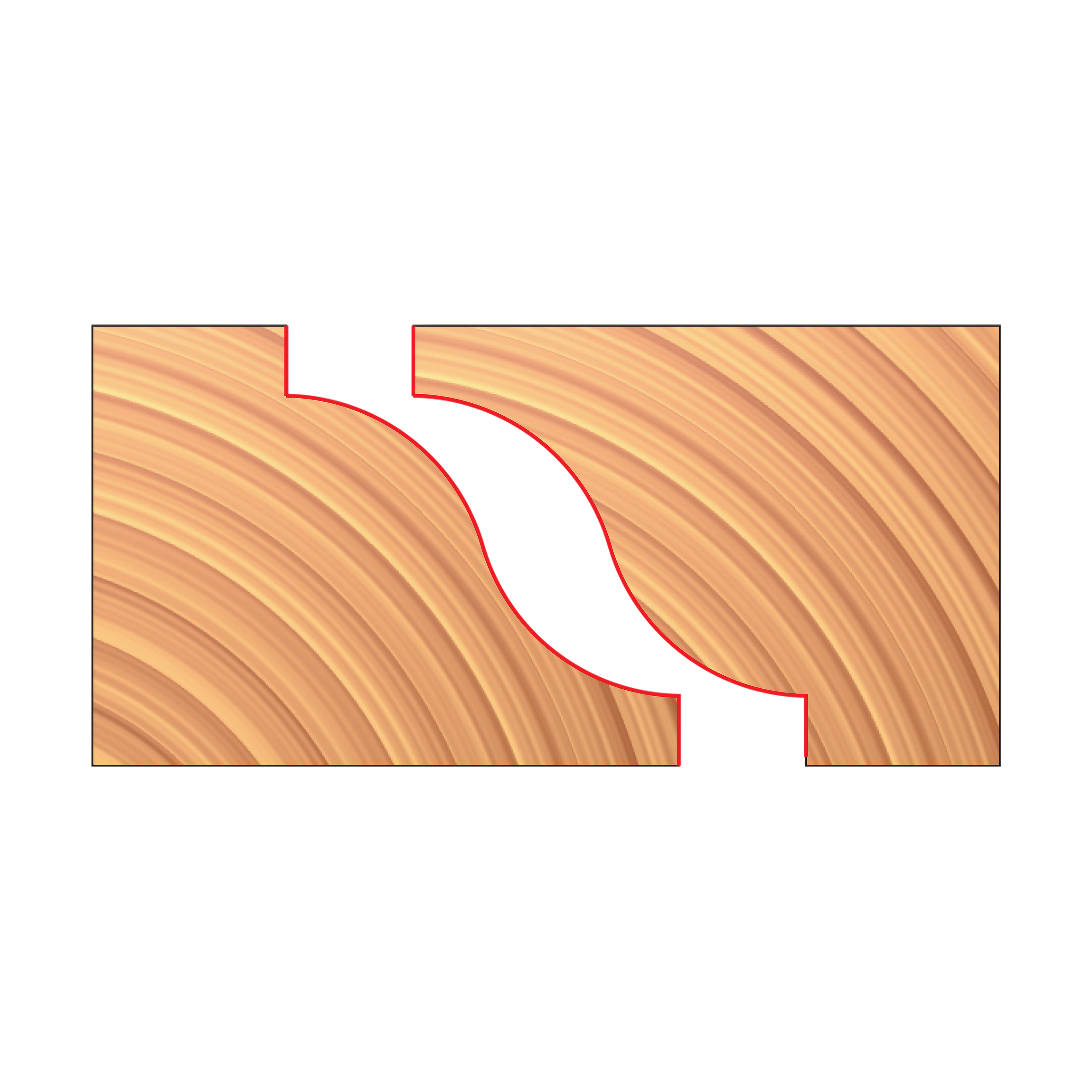 Pair of matched reverse detail router cutters with curved cutting edges shown in cross-section on wood grain background.