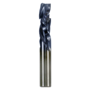 Black and gray 1/2" diameter router bit with triple flute cutting edges and metal shank.