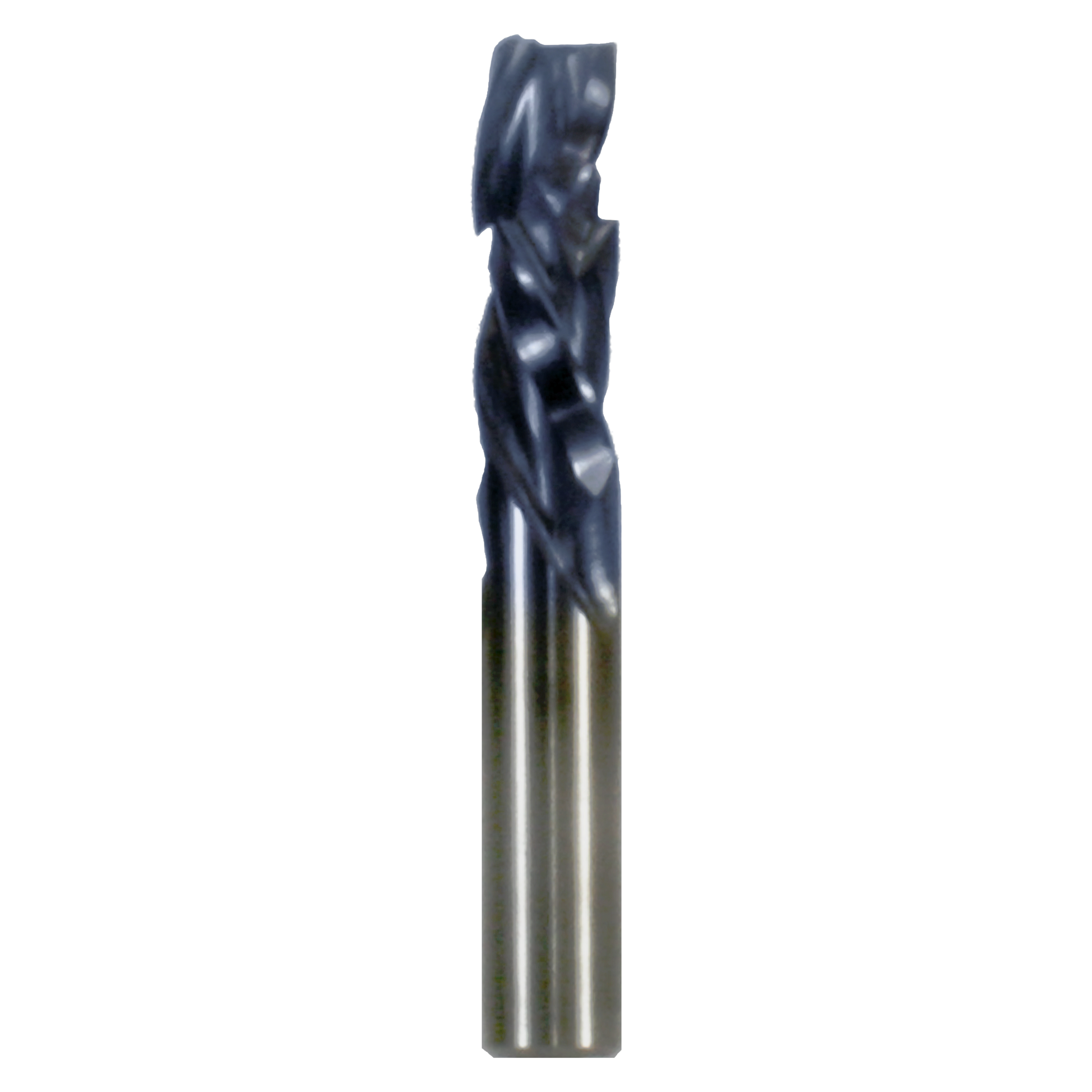Black and gray 1/2" diameter router bit with triple flute cutting edges and metal shank.