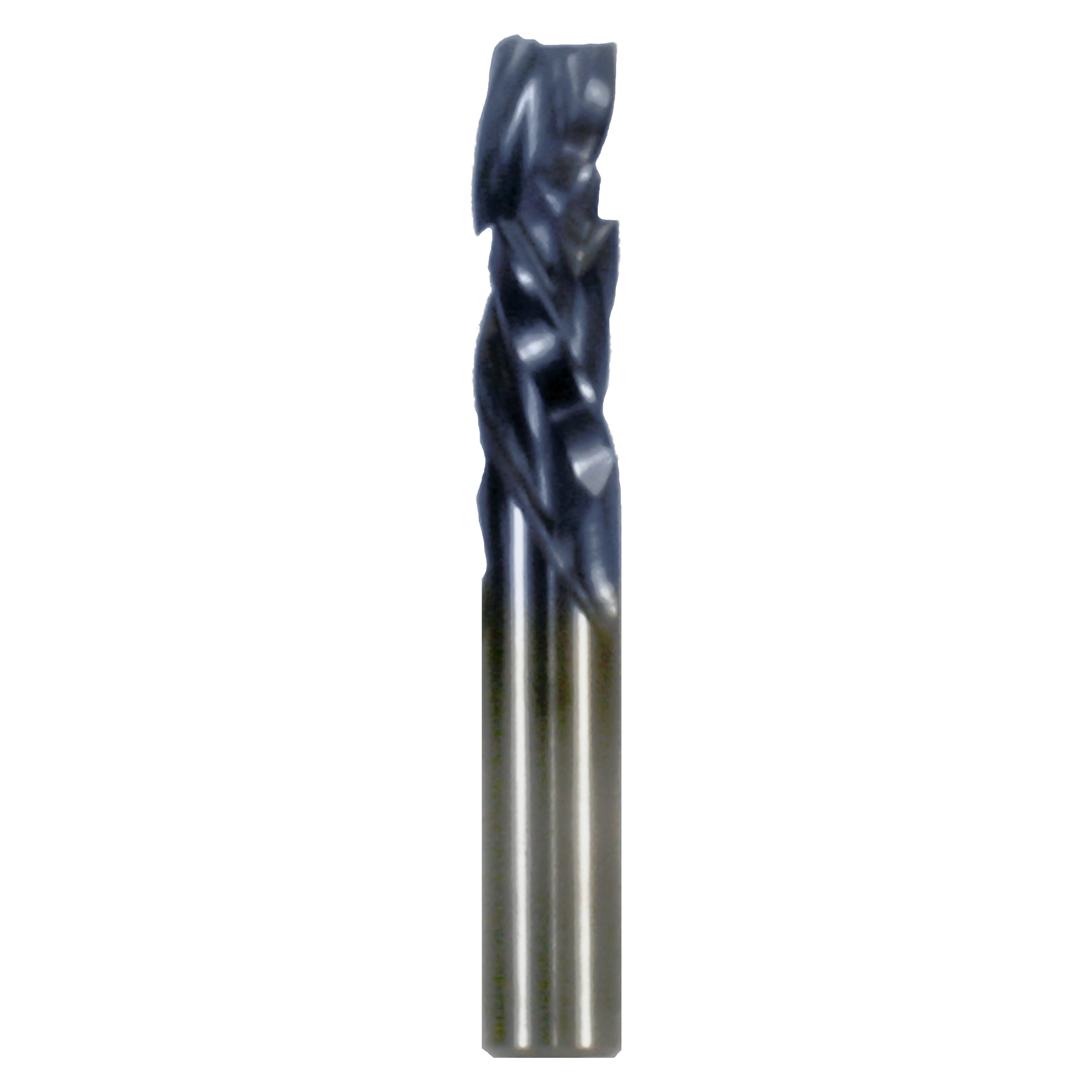 Black and gray 1/2" diameter router bit with triple flute cutting edges and metal shank.