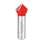Silver cylindrical V grooving router bit with red cutting head and Freud branding on shaft.