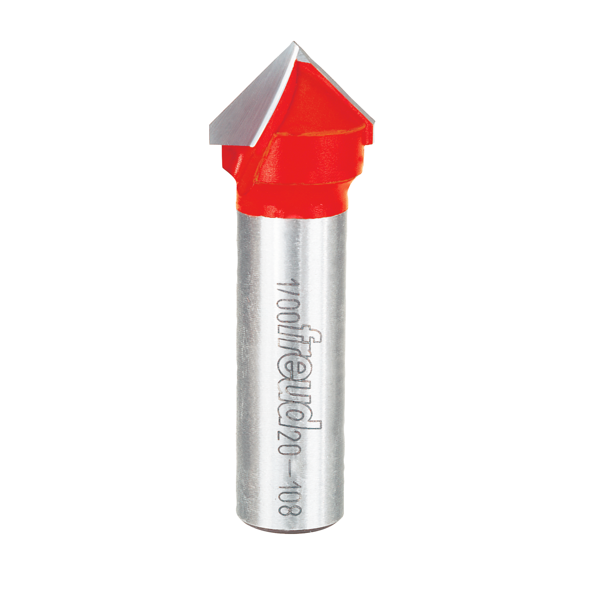 Silver cylindrical V grooving router bit with red cutting head and Freud branding on shaft.