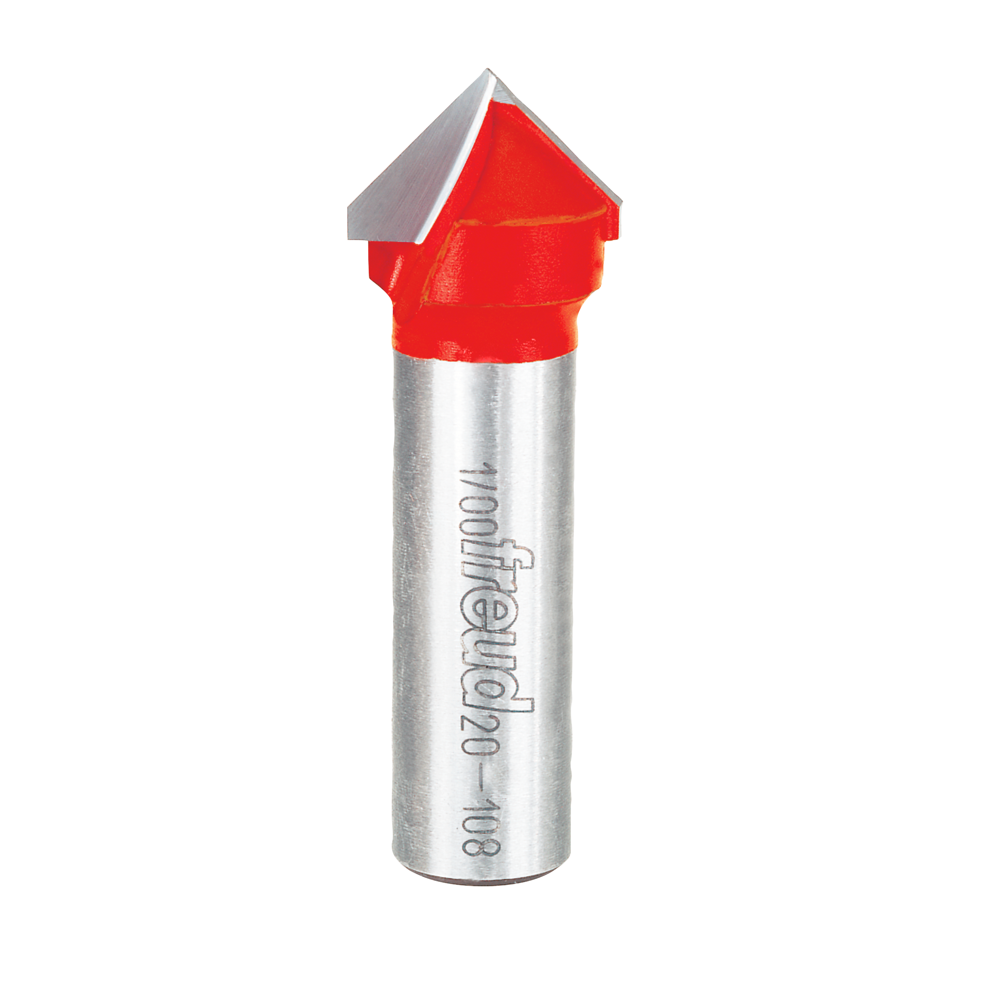 Silver cylindrical V grooving router bit with red cutting head and Freud branding on shaft.