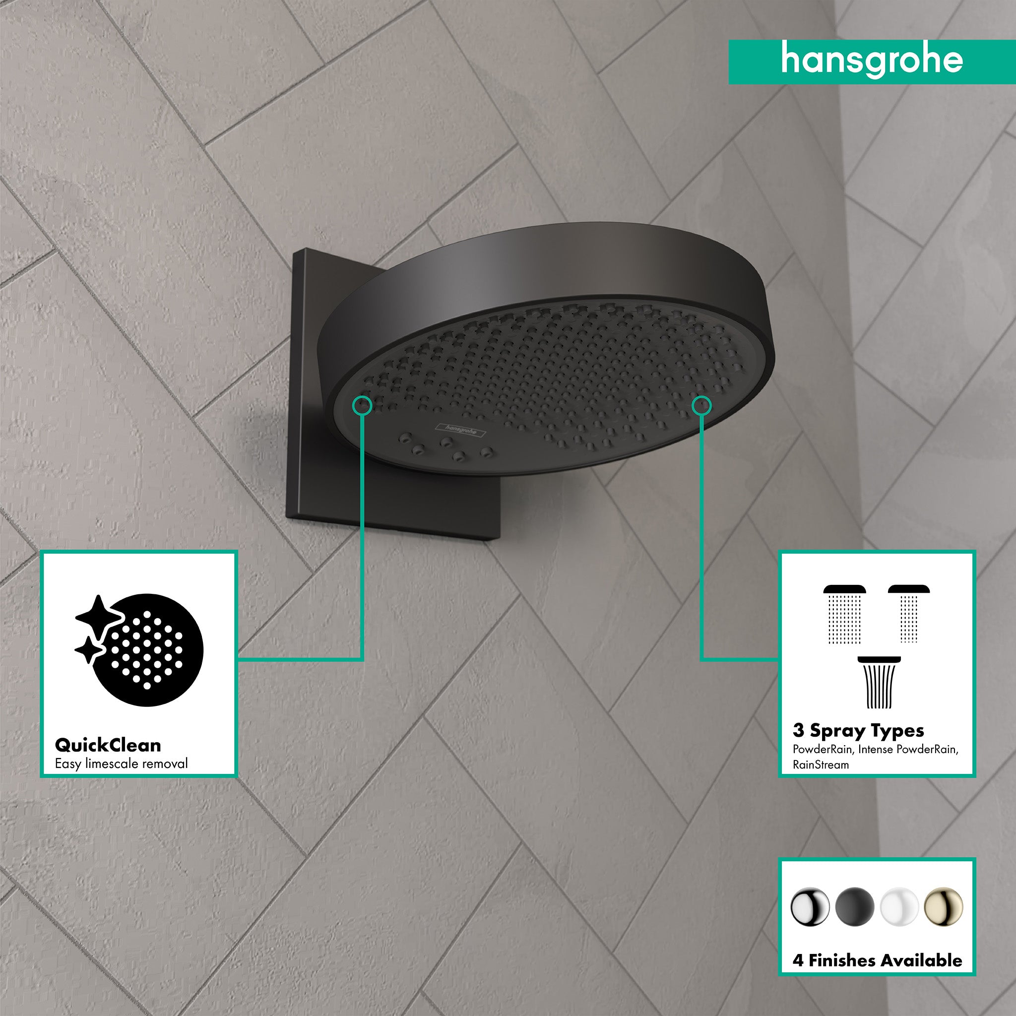Matte black round shower head with wall-mounted bracket and perforated spray face mounted on herringbone tile wall.