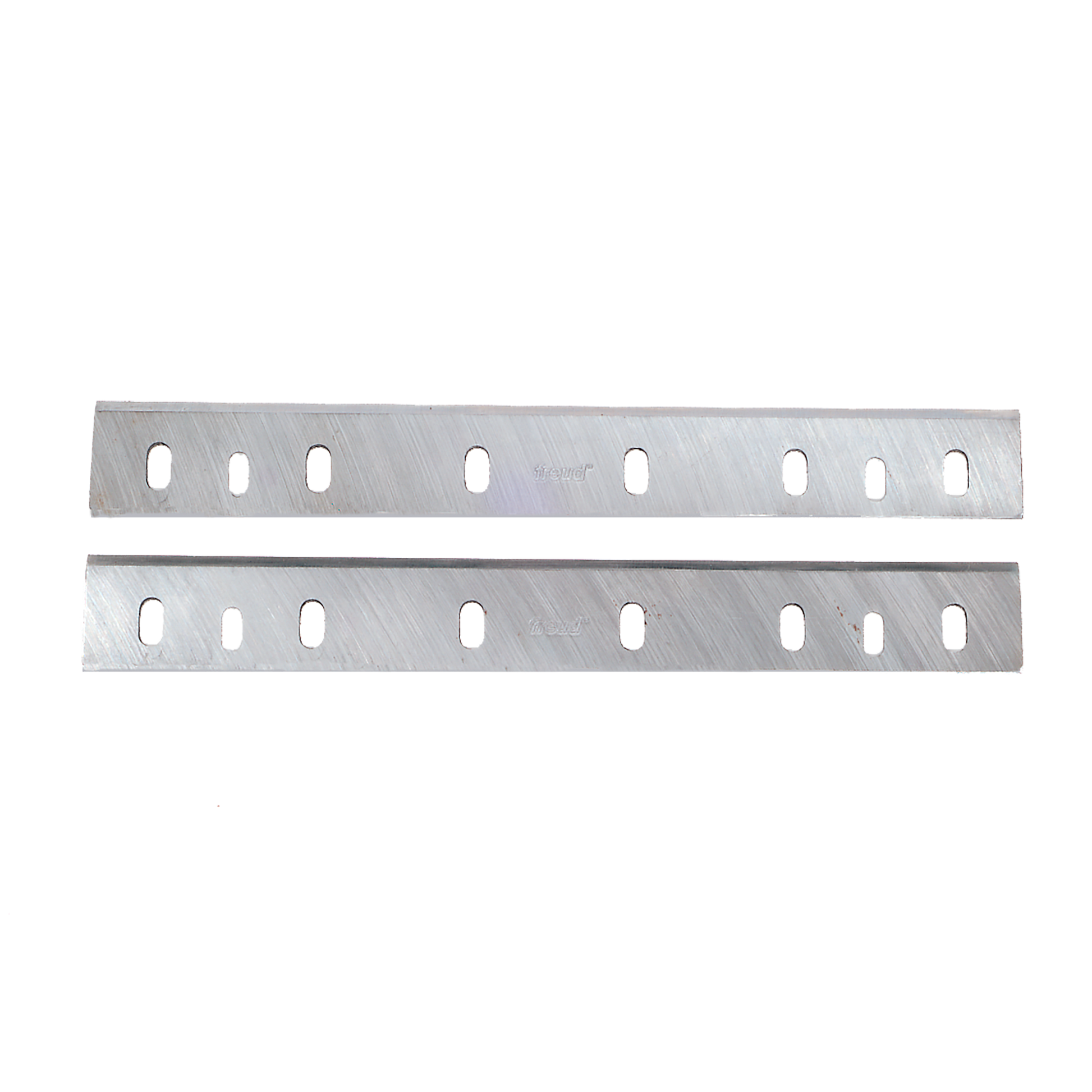 Two metallic planer knives with oval mounting holes along the length, featuring brushed steel surfaces.