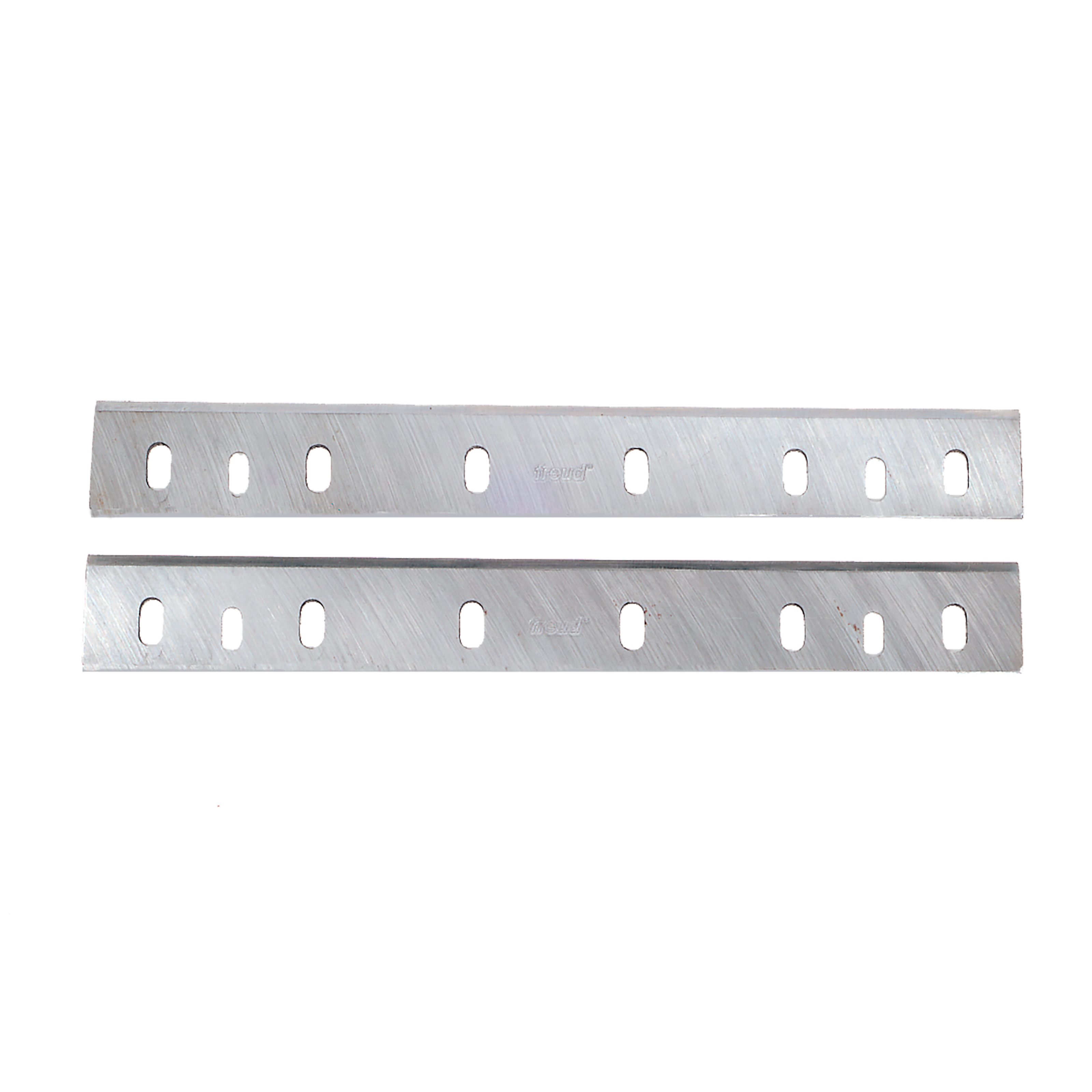 Two metallic planer knives with oval mounting holes along the length, featuring brushed steel surfaces.