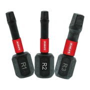 Three black square drive bits with red sleeves labeled R1, R2, and R3.