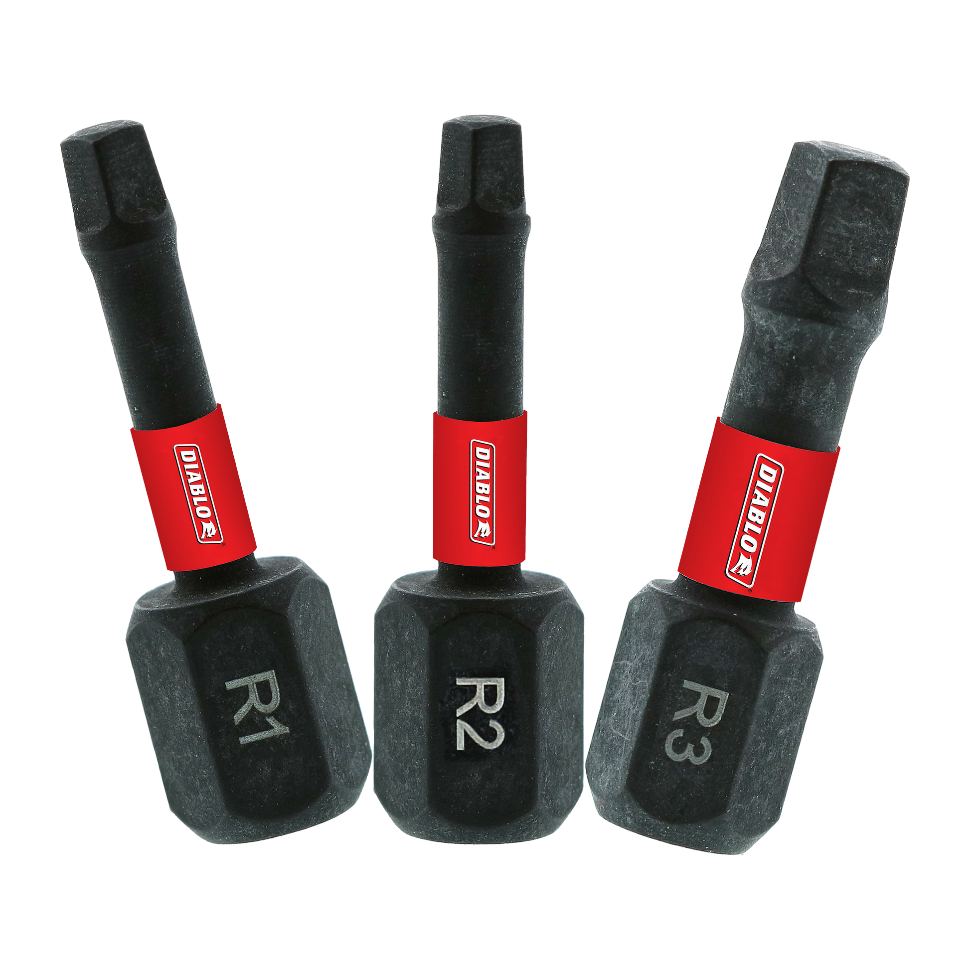 Three black square drive bits with red sleeves labeled R1, R2, and R3.