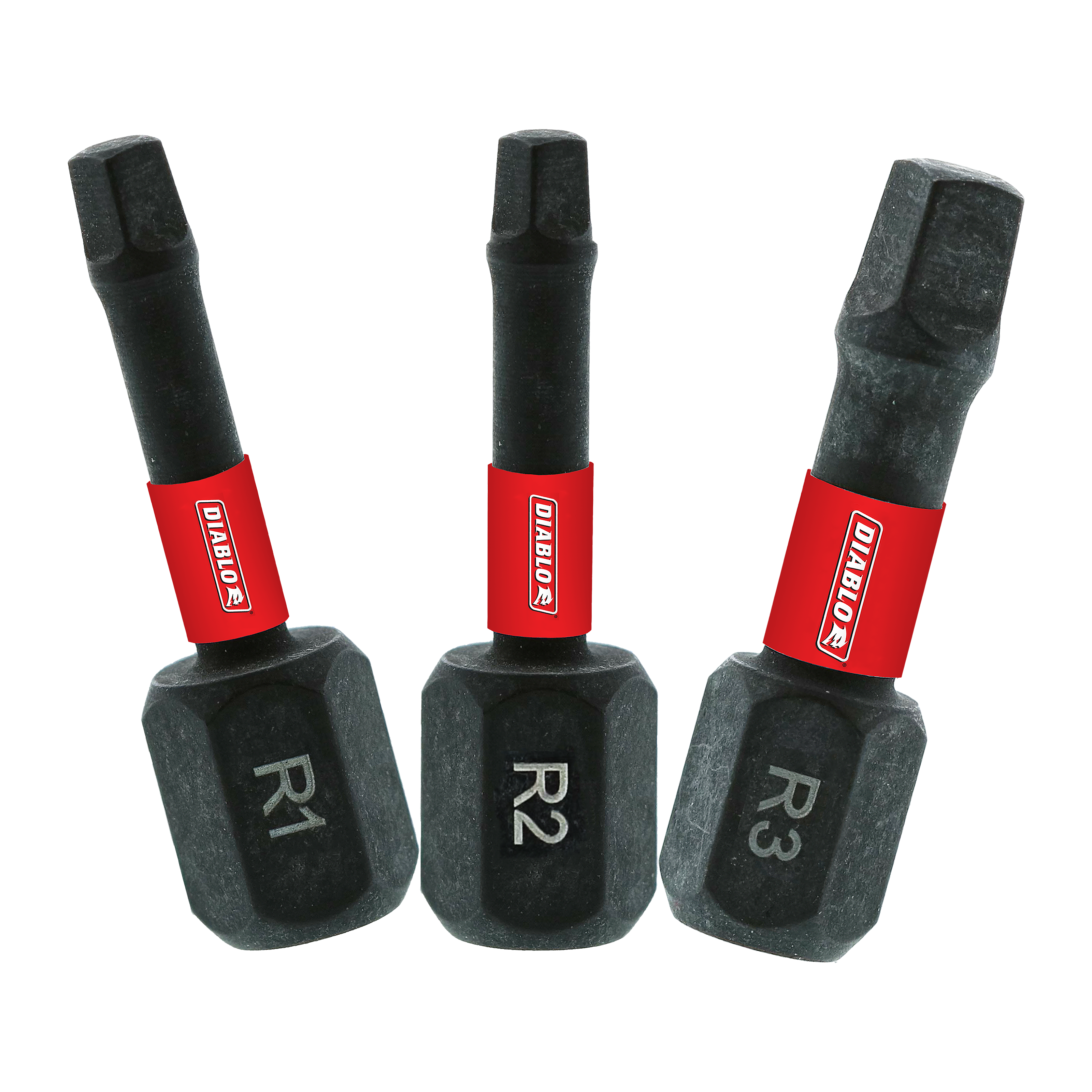 Three black square drive bits with red sleeves labeled R1, R2, and R3.