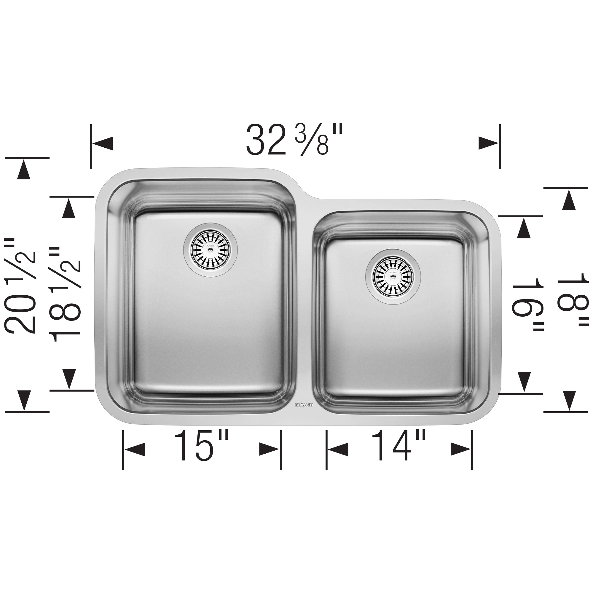 Stainless steel undermount kitchen sink with two unequal bowls and drainage strainers, shown with dimension measurements.