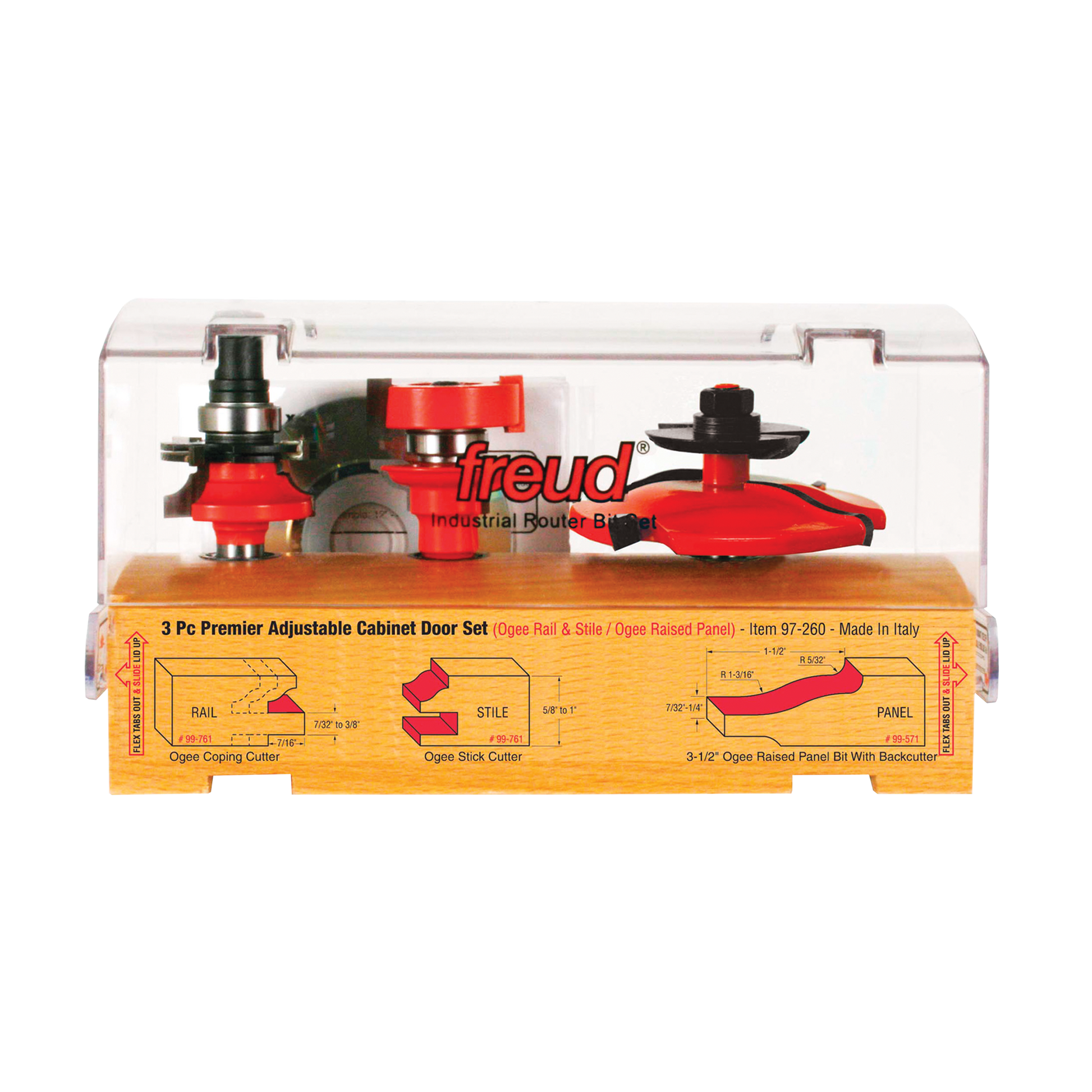 Three red and black router bits with adjustment mechanisms in clear plastic case with yellow instruction insert.