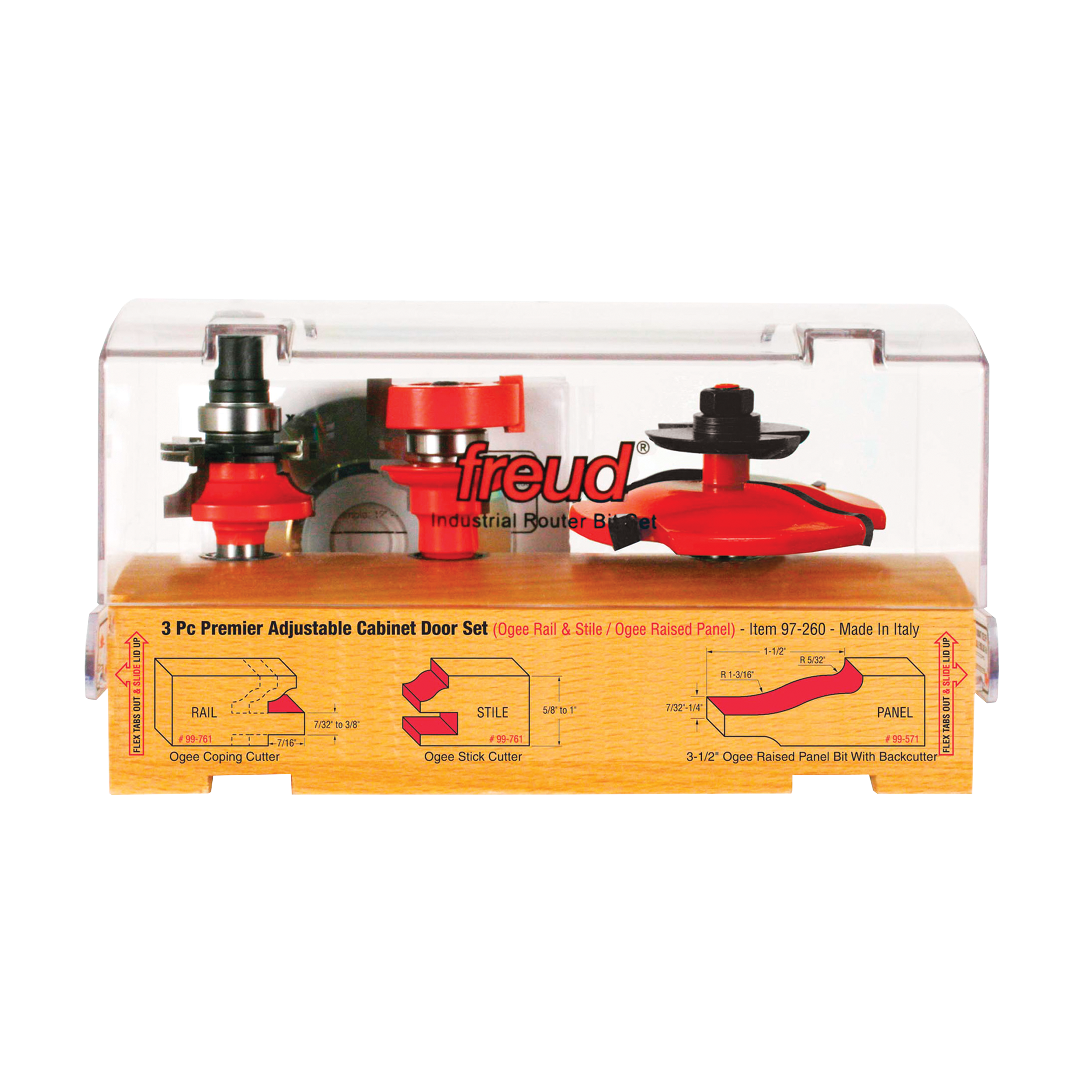 Three red and black router bits with adjustment mechanisms in clear plastic case with yellow instruction insert.