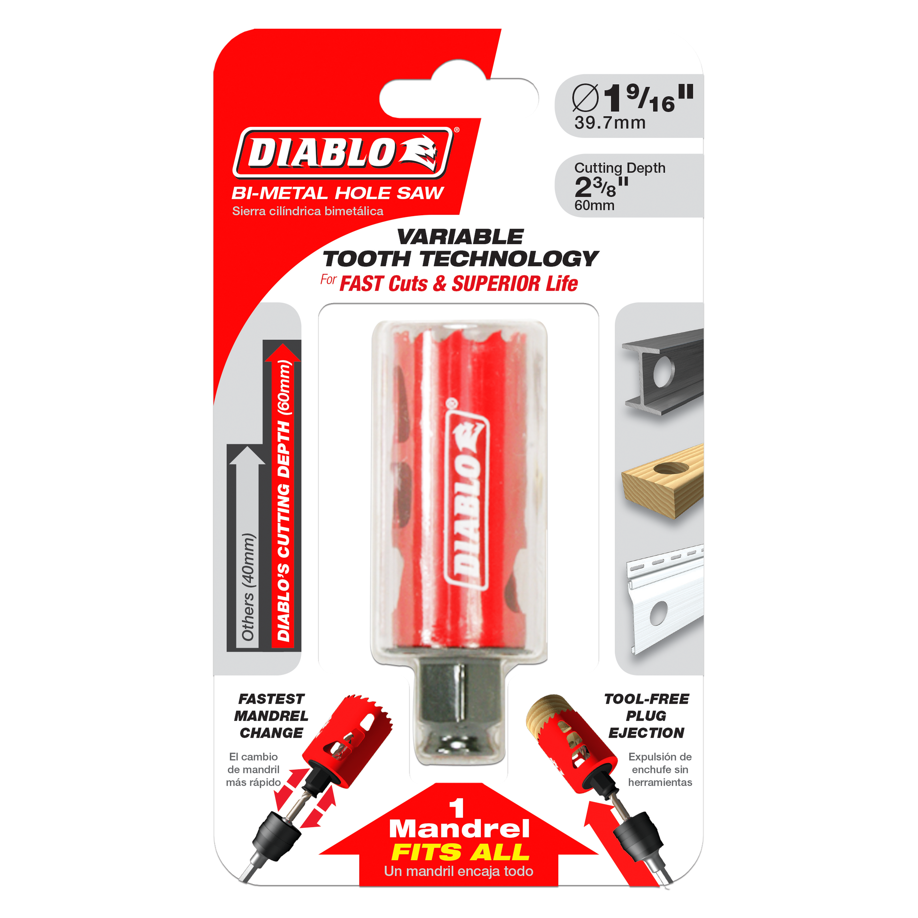 Diablo bi-metal hole saw with 1-9/16 inch diameter, red cutting tool with variable tooth technology and tool-free plug ejecti