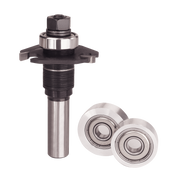 Biscuit joining router bit with hexagonal nut and two bearing wheels for woodworking applications.