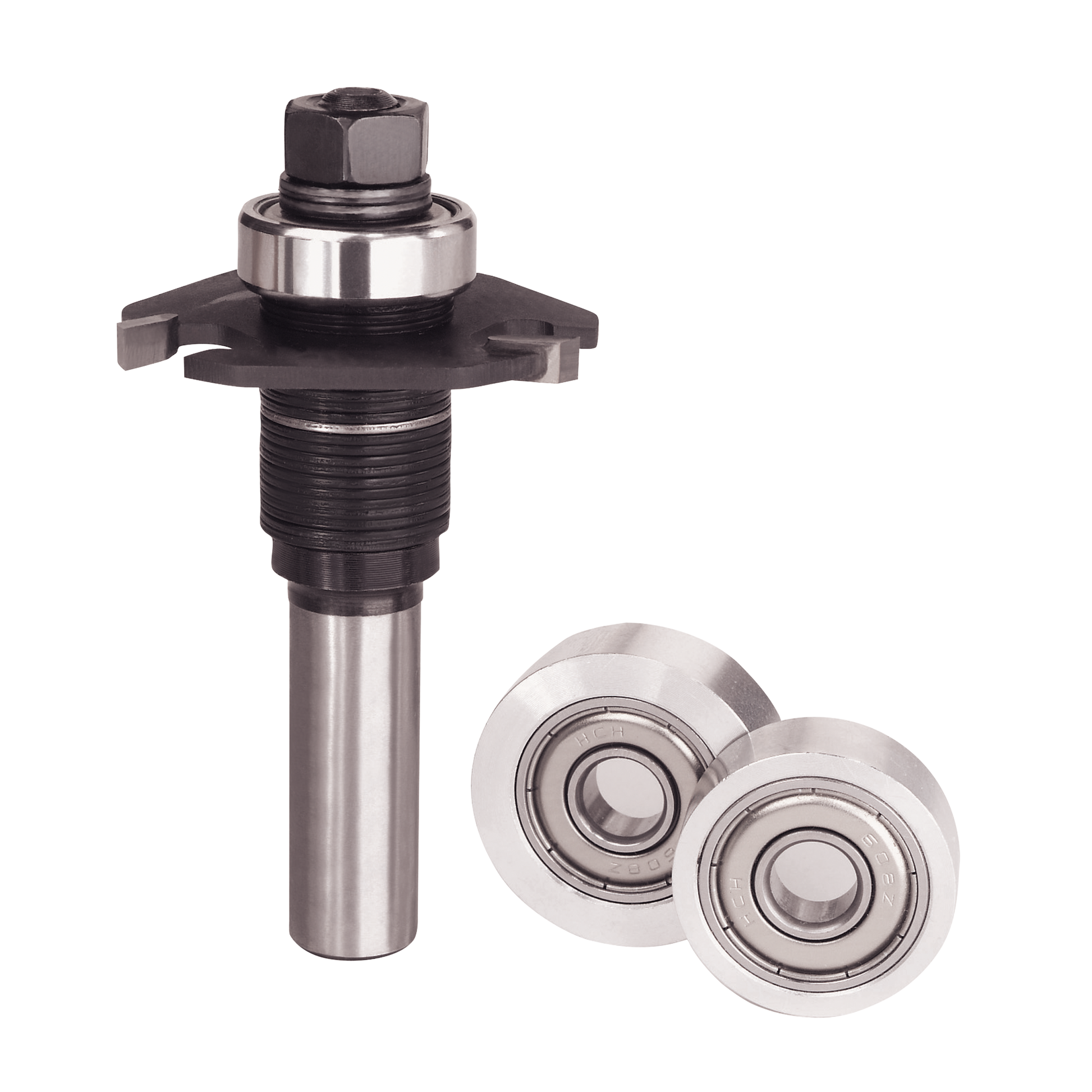 Biscuit joining router bit with hexagonal nut and two bearing wheels for woodworking applications.