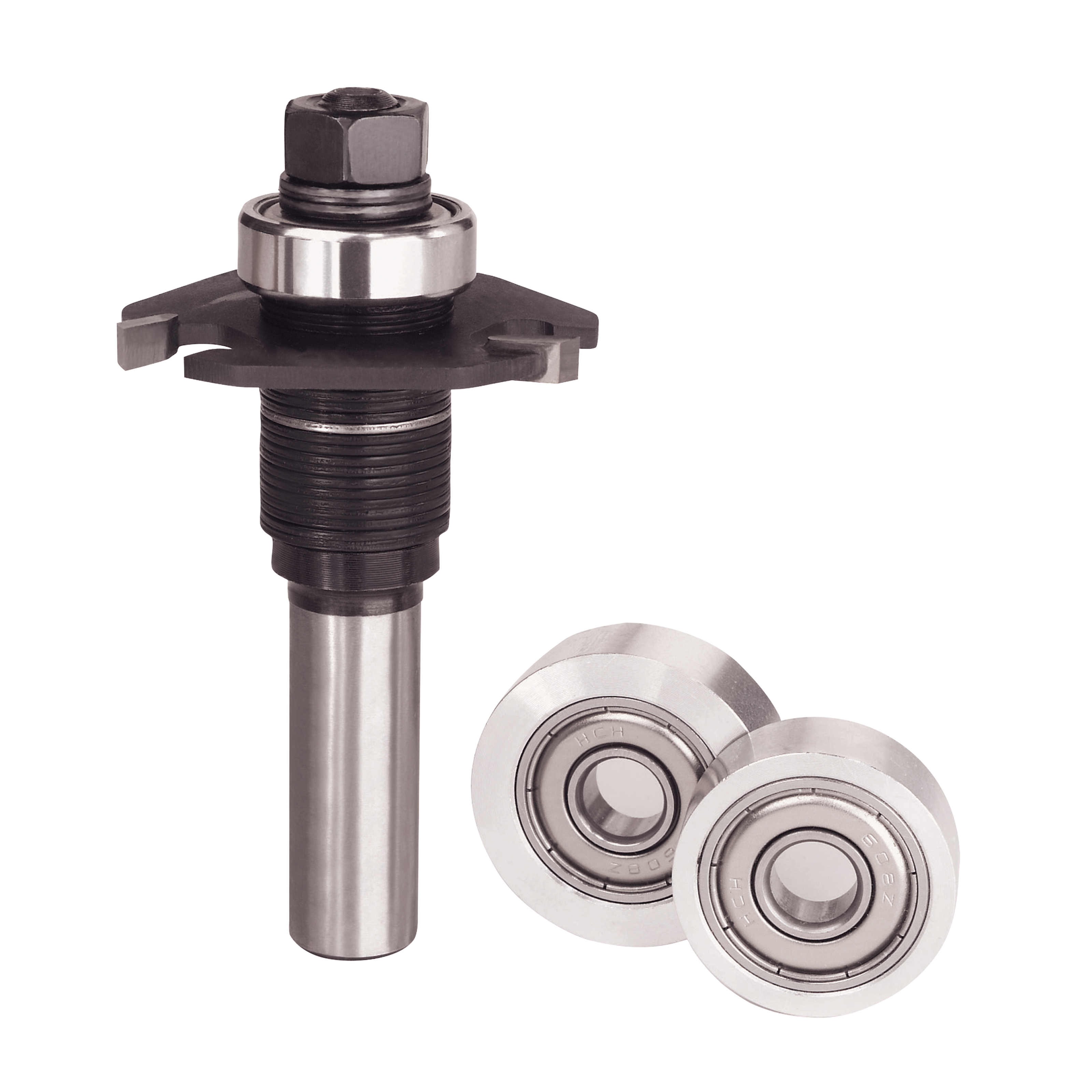 Biscuit joining router bit with hexagonal nut and two bearing wheels for woodworking applications.