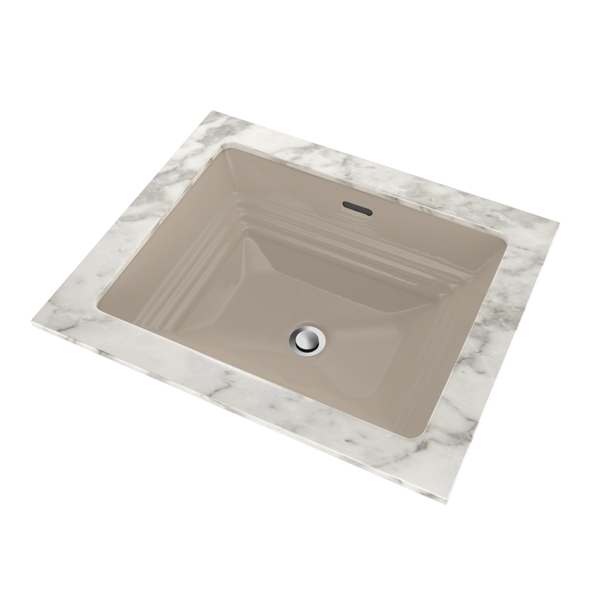 Bone-colored rectangular undermount sink with ribbed interior and single drain hole, set in white marble countertop.