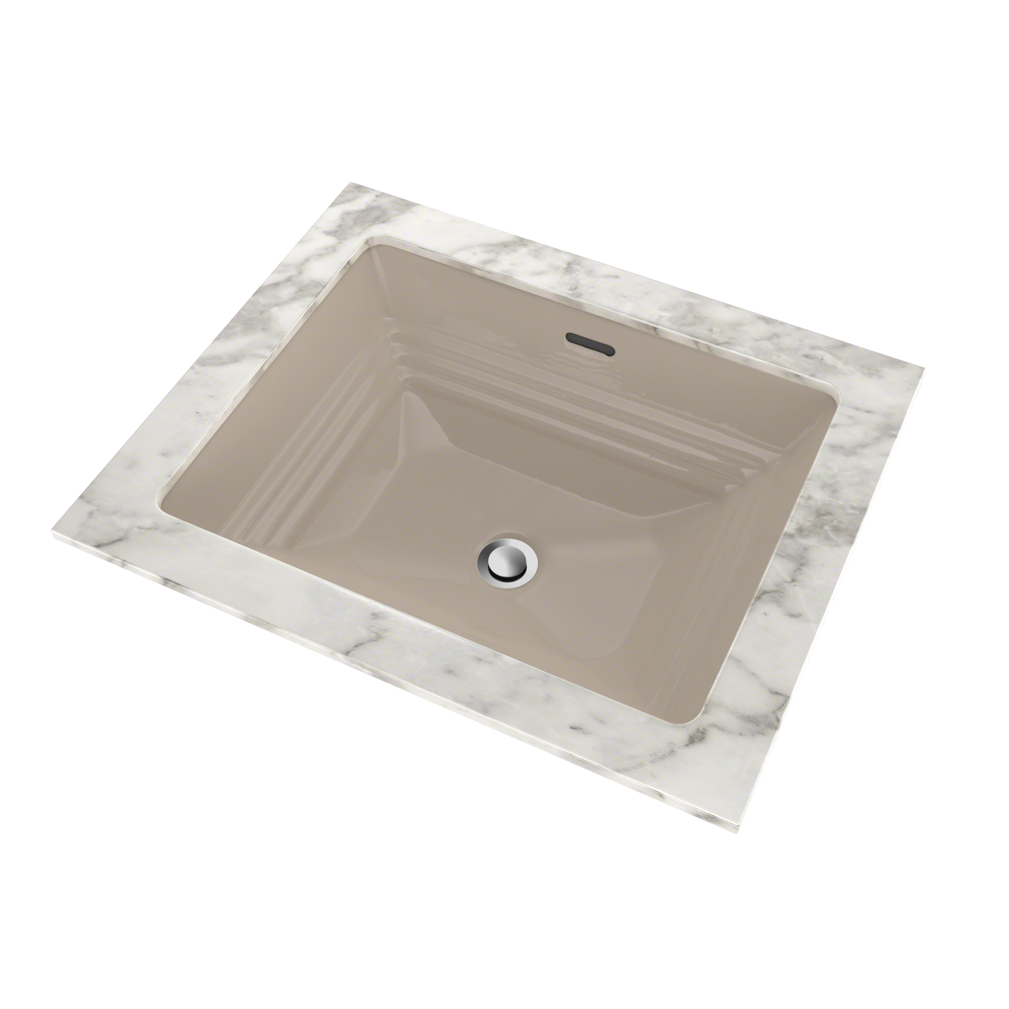 Bone-colored rectangular undermount sink with ribbed interior and single drain hole, set in white marble countertop.