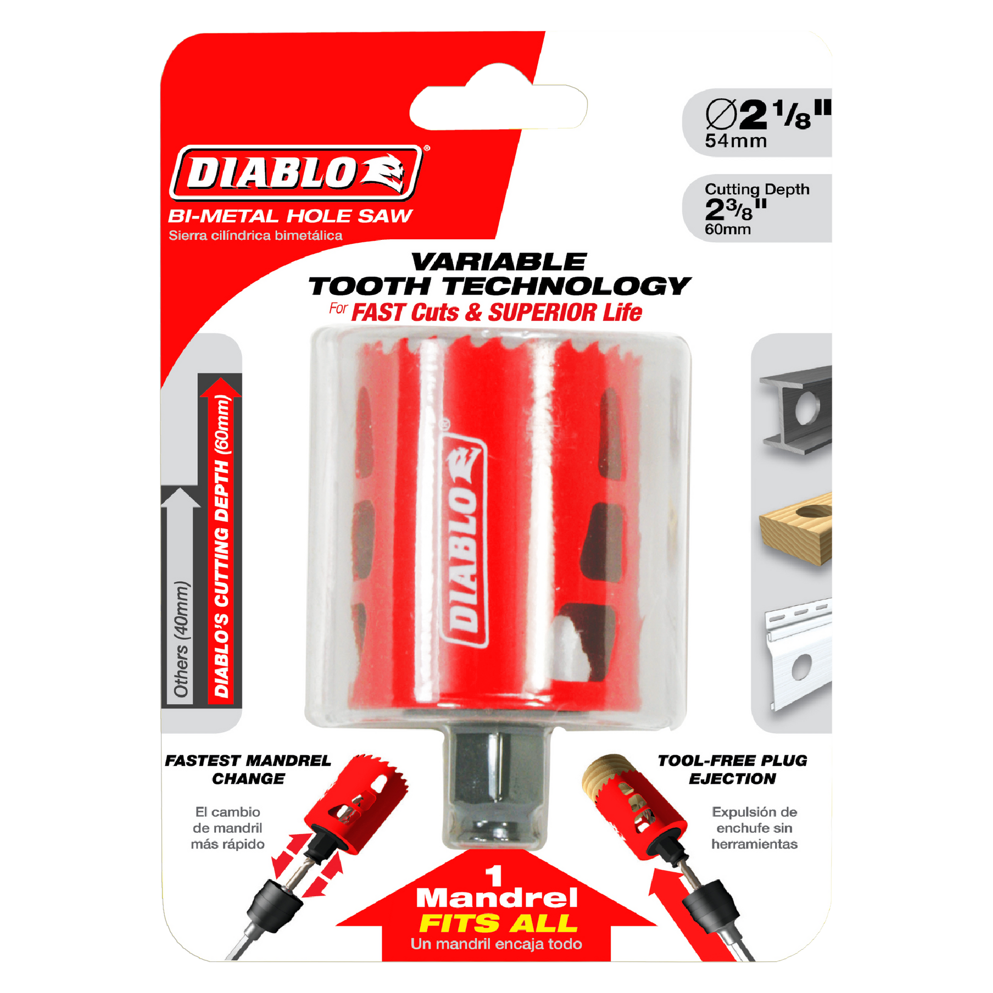 Red bi-metal hole saw with 2-1/8 inch diameter and 2-3/8 inch cutting depth, displayed on branded packaging with mandrel and 