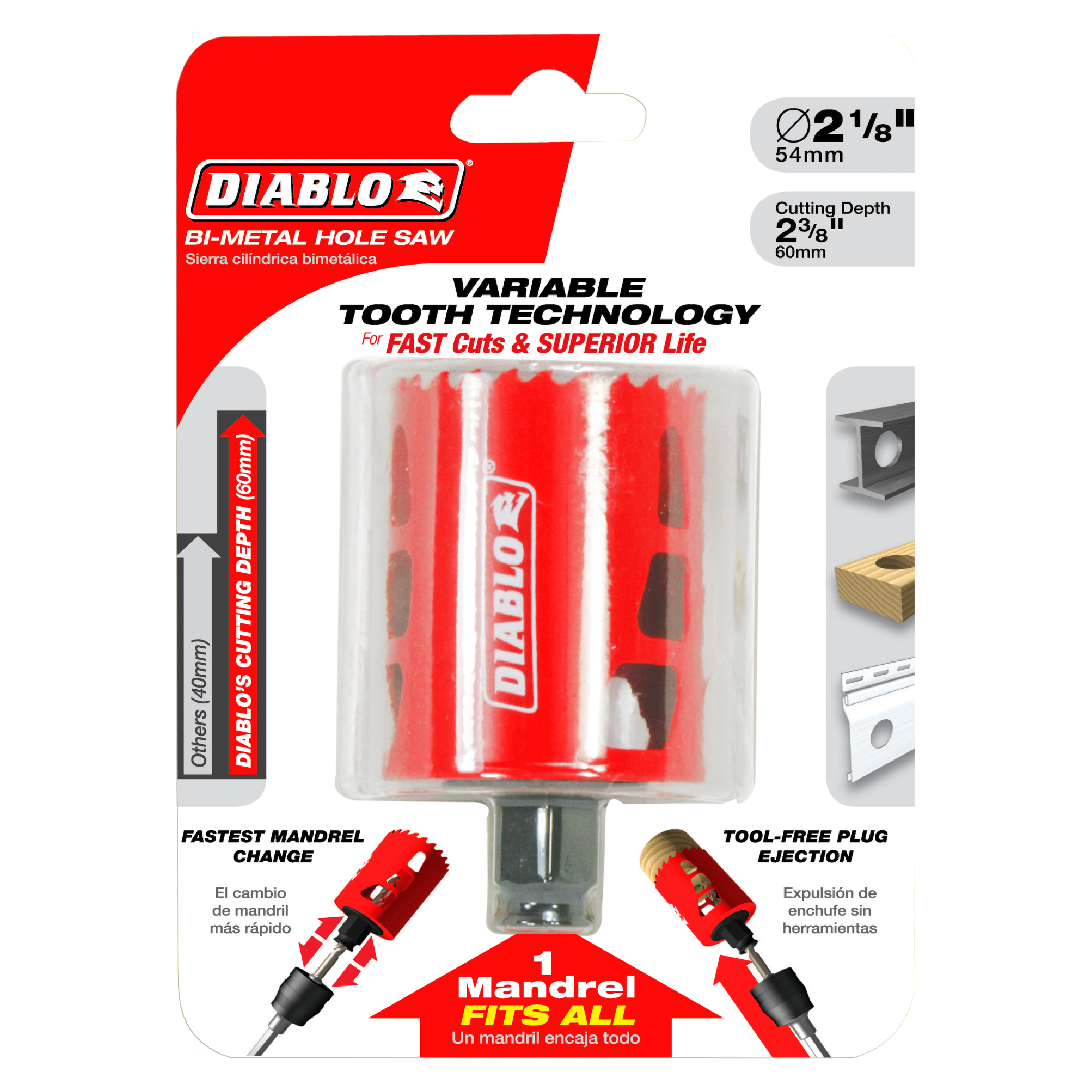 Red bi-metal hole saw with 2-1/8 inch diameter and 2-3/8 inch cutting depth, displayed on branded packaging with mandrel and 