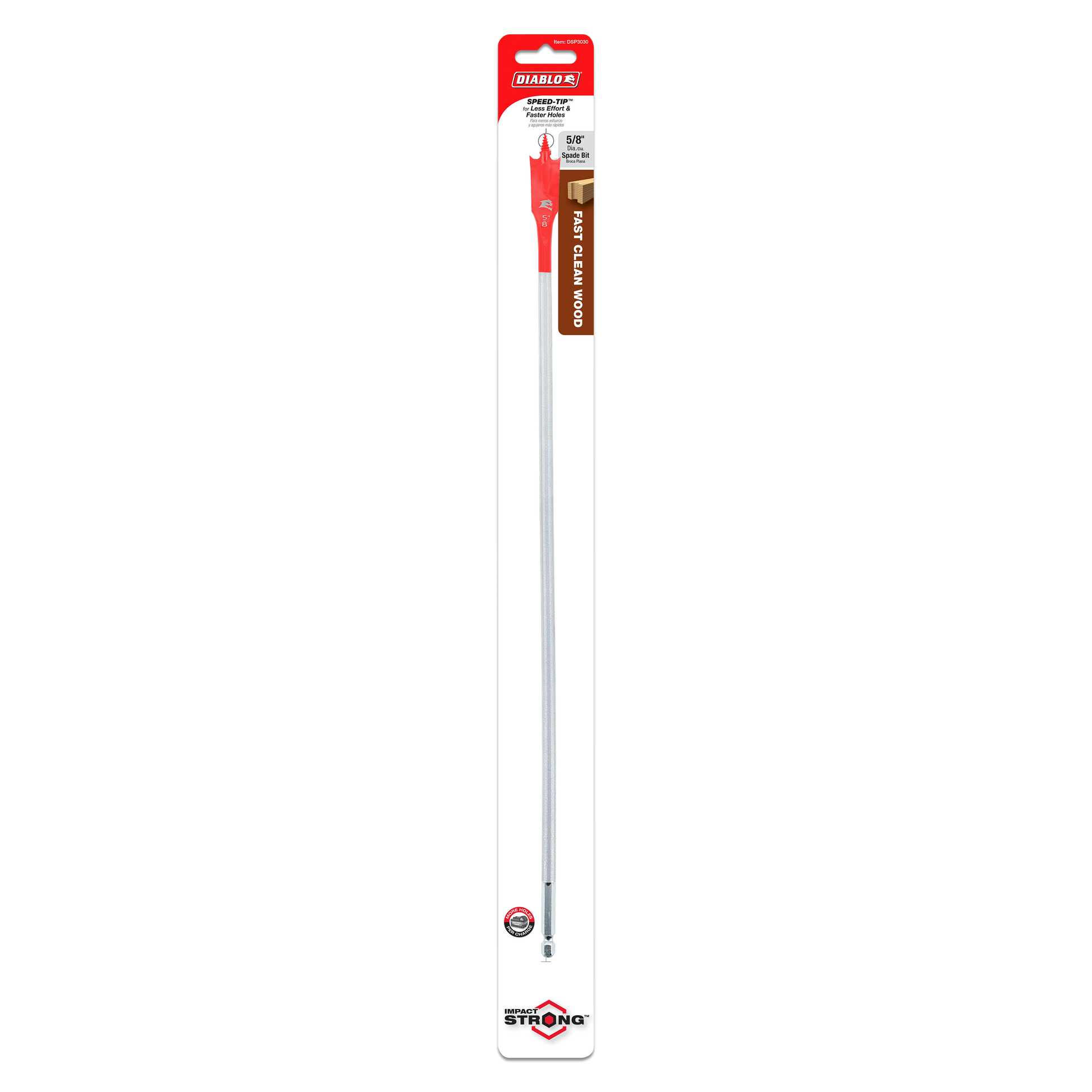 Red and silver spade bit with flat paddle-shaped tip, packaged in red and white Diablo branded card.