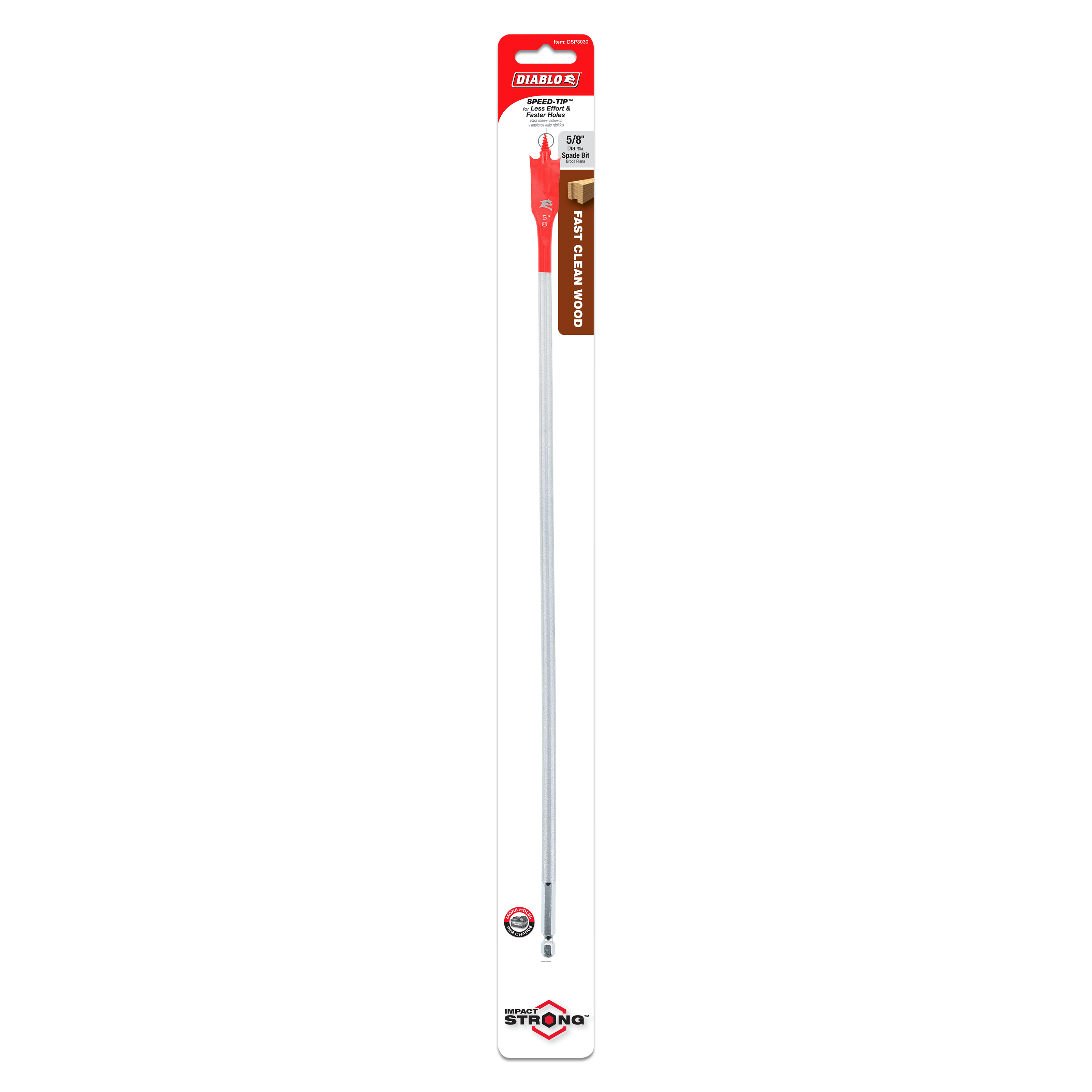 Red and silver spade bit with flat paddle-shaped tip, packaged in red and white Diablo branded card.